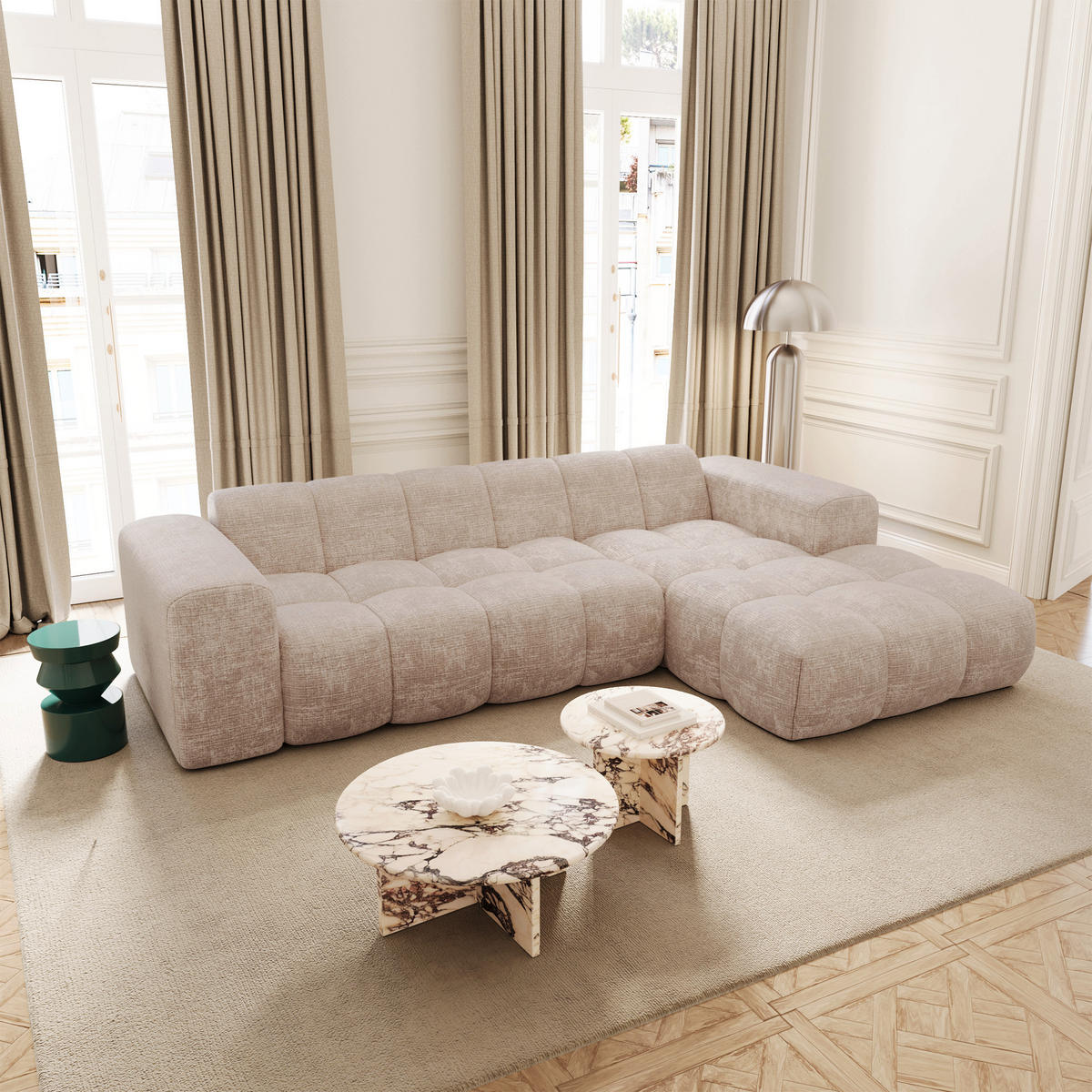 ECKSOFA rechtwinklig BLOOM Geprägter Samt Beige 290cm - Beige, Textil (290/164cm) - Premium Interiors