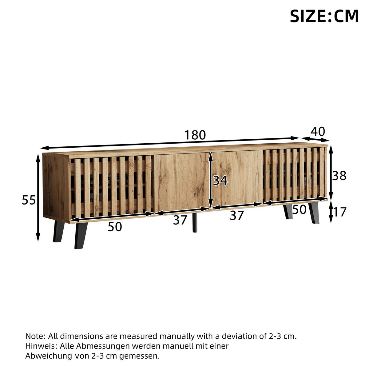 SADA TV stolku a komody z dřevotřísky 180x40x55/150x40x95 cm v dekoru přírodního dřeva s úložným prostorem - světle hnědá, kompozitní dřevo (180/55/40cm) - Modfu