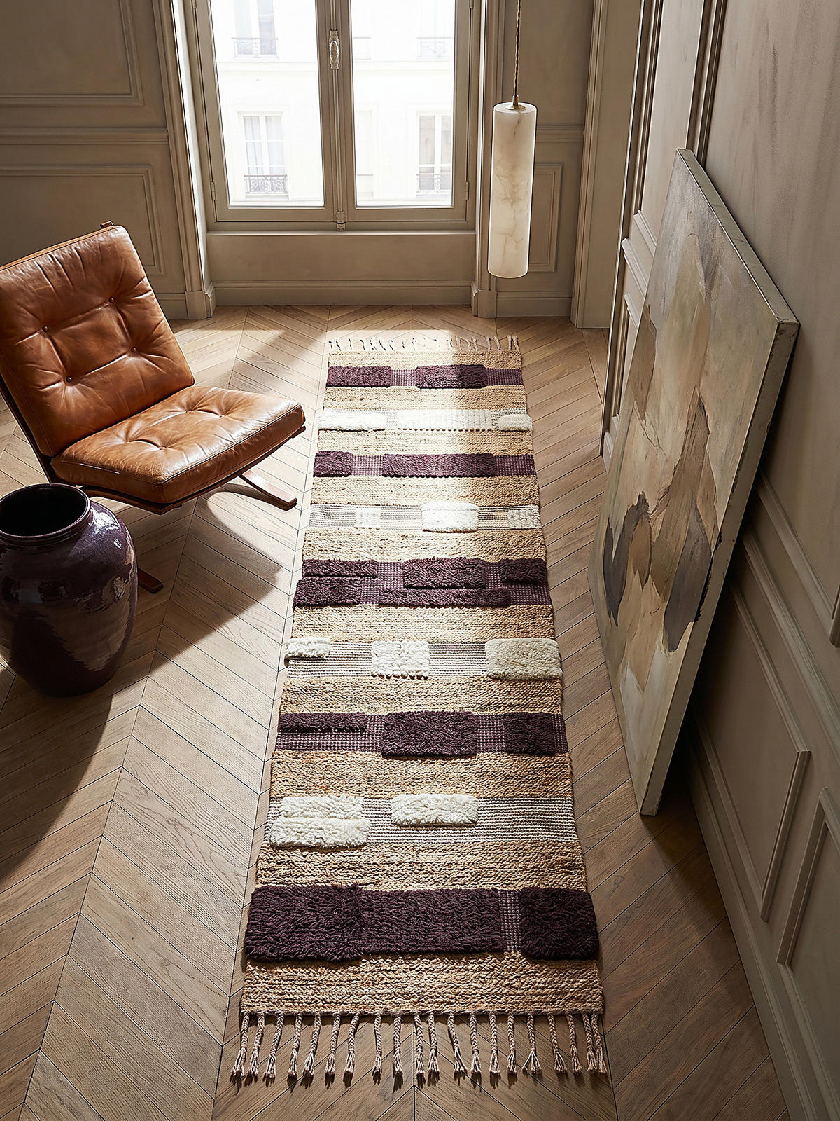 JUTETEPPICH handgewebt mit Fransen WHARFE, im Patchwork-Stil, Natur-Lila, 60 x 230 cm - Lila, Textil (60/230cm) - KADIMA DESIGN