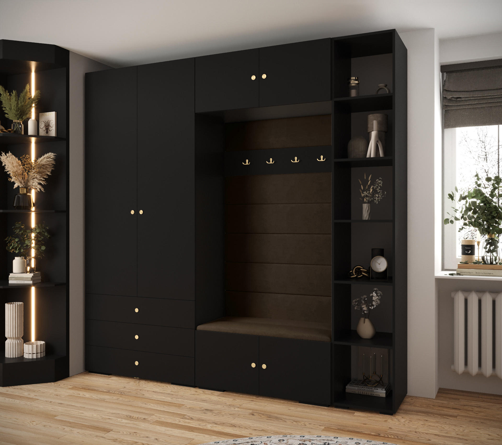 GARDEROBEN-SET 236,7/240/47 - Goldfarben/Schwarz, Holz/Kunststoff (240/236.7/47cm) - Abiks Möbel