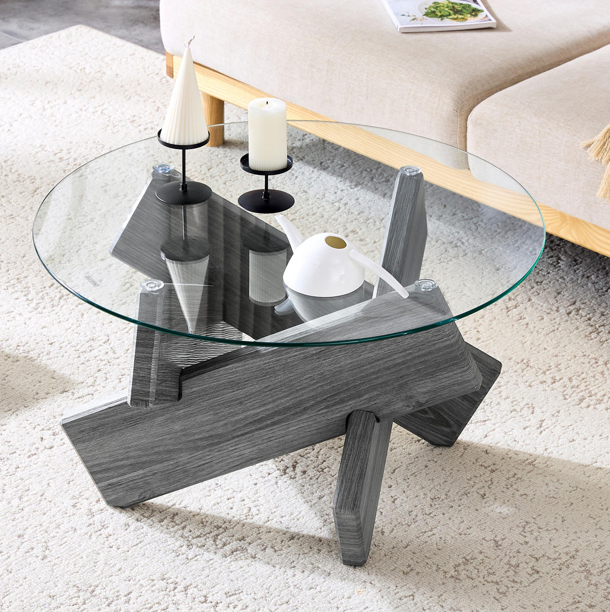 COUCHTISCH rund Ø 79 cm MDF Glas Grau Transparent - Transparent, Glas (79/79/45cm) - Meubliv