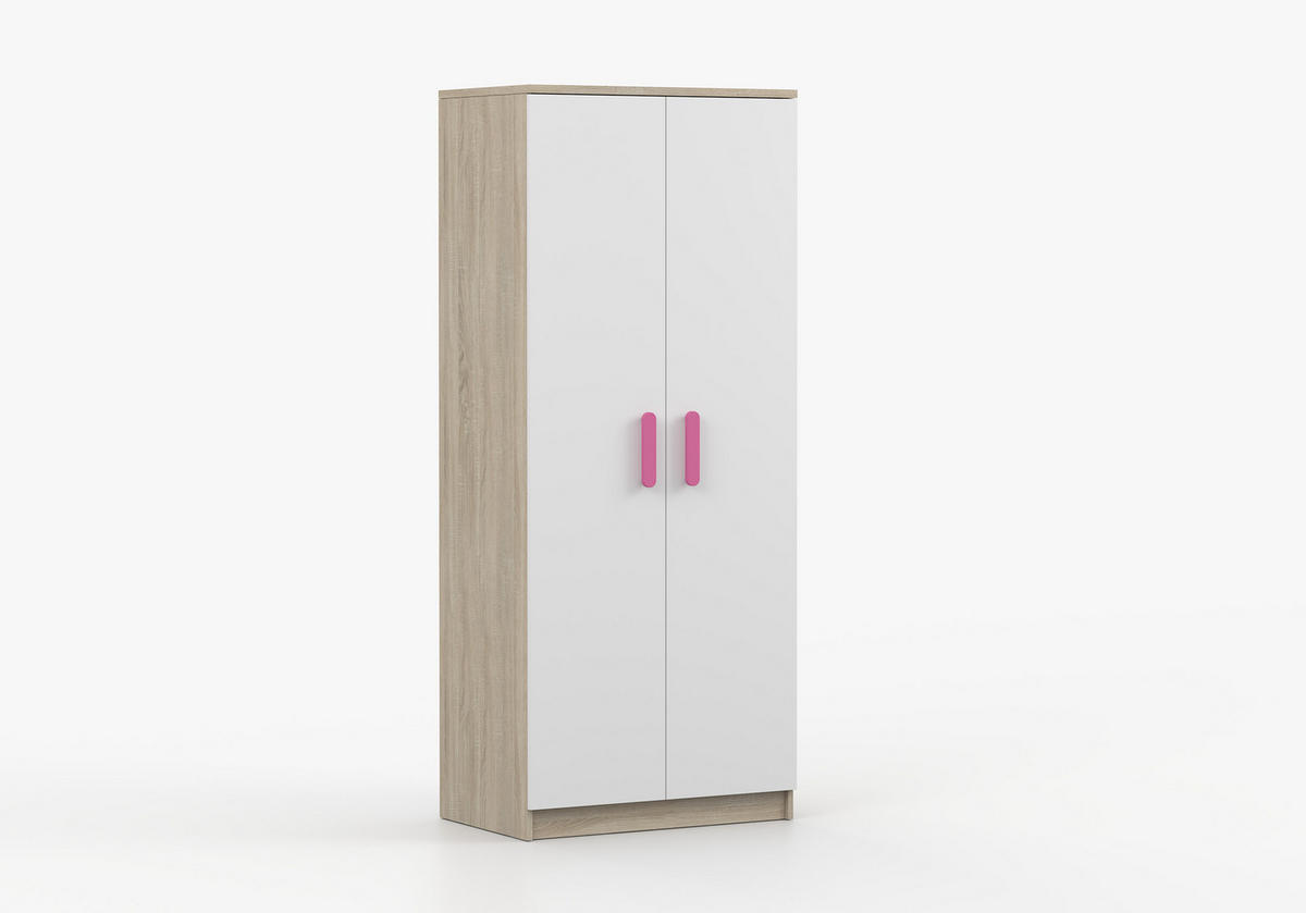 JUGENDZIMMER Elora in Eiche und Weiß – 4-teiliges Set mit Schreibtisch, Kommode, Wandregal und Schrank – Grifffarbe Rosa - Braun, Holzwerkstoff (80/200/120cm)