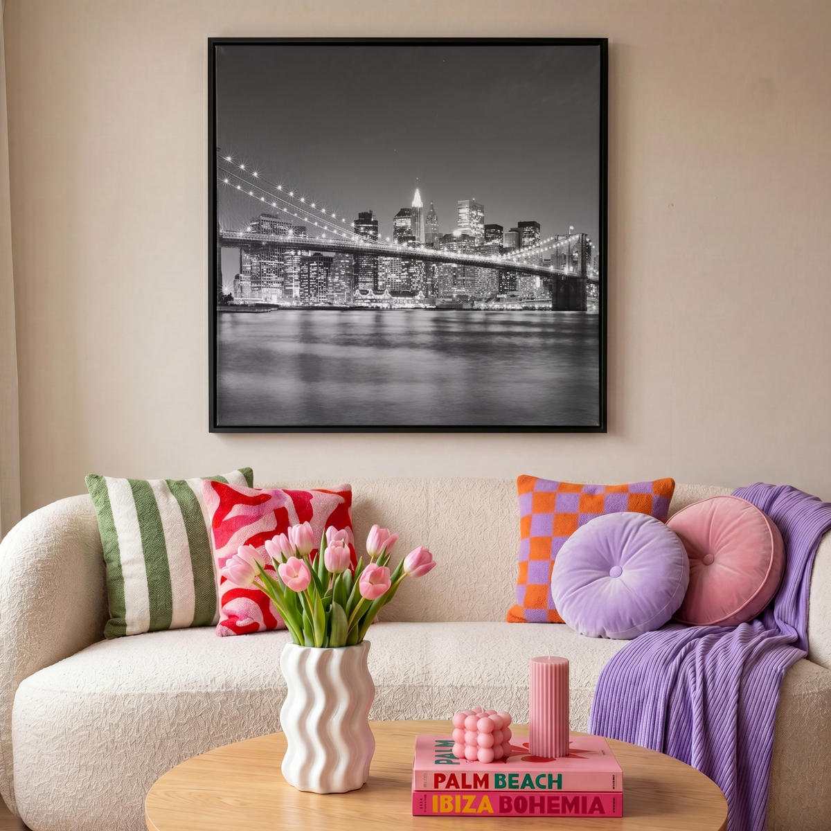 LEINWAND Bilder mit Rahmen - New York - Brücke - Brooklyn - Schwarz und weiß - Architektur - 90x90 - Schwarz, Textil (90/90cm) - MuchoWow