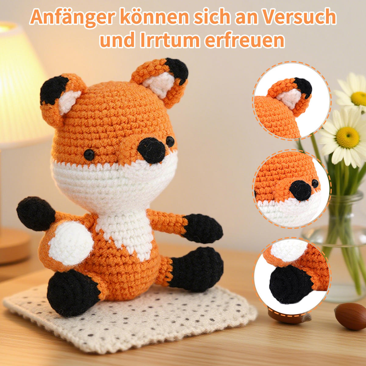 KOMPLET za kvačkanje lisica oranžna, amigurumi za začetnike z navodili - oranžna, tekstil (1/1/1cm)