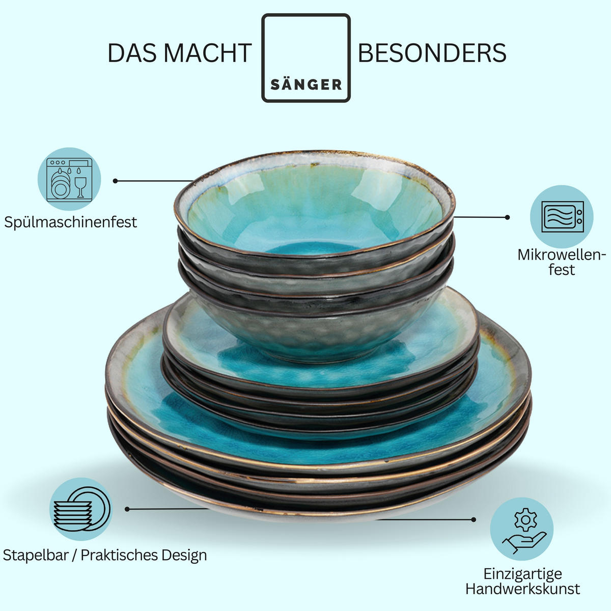 SÄNGER Steingut Geschirrset Capri, Tafelservice 24 teilig für 8 Personen - Pastellblau, Keramik (35.4/33/36.29cm)