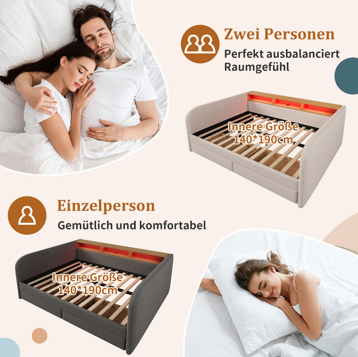 POLNJENA postelja iz lanu 140x190 cm svetlo bež z LED osvetlitvijo, USB-C polnjenjem in 2 predaloma - bež, tekstil (140/190cm) - Modfu