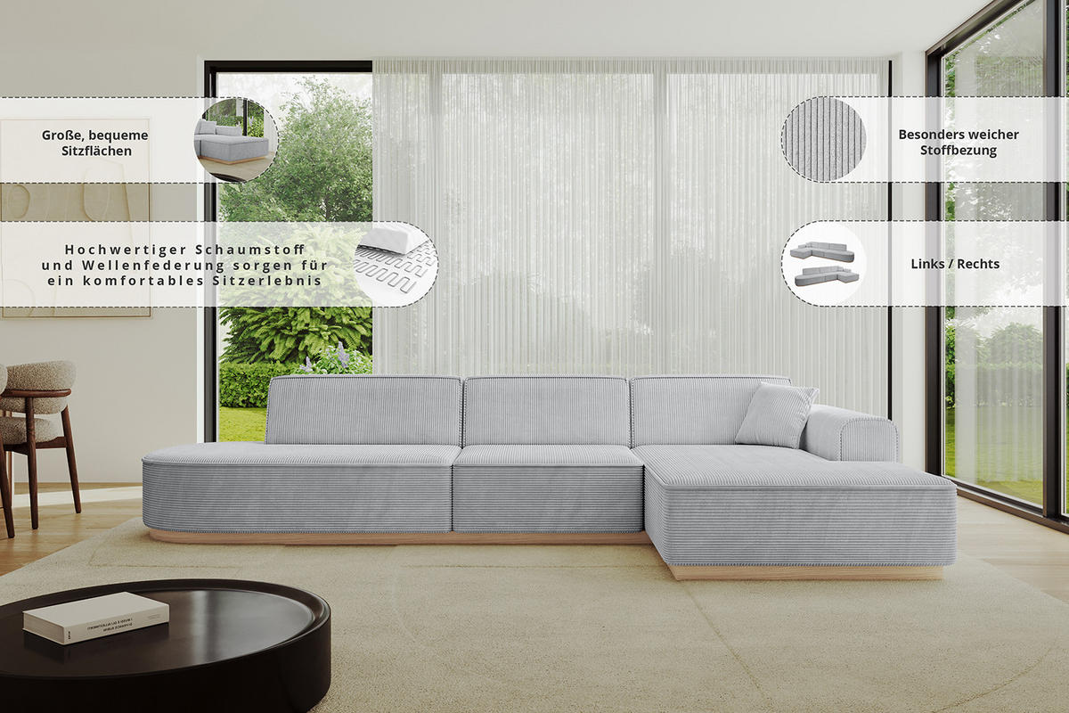 ECKSOFA Ottomane Rechts IREA-L2 - 328x171x83 cm Dunkelgrau - Ecru, Holzwerkstoff/Textil (171/328cm) - ALTDECOR