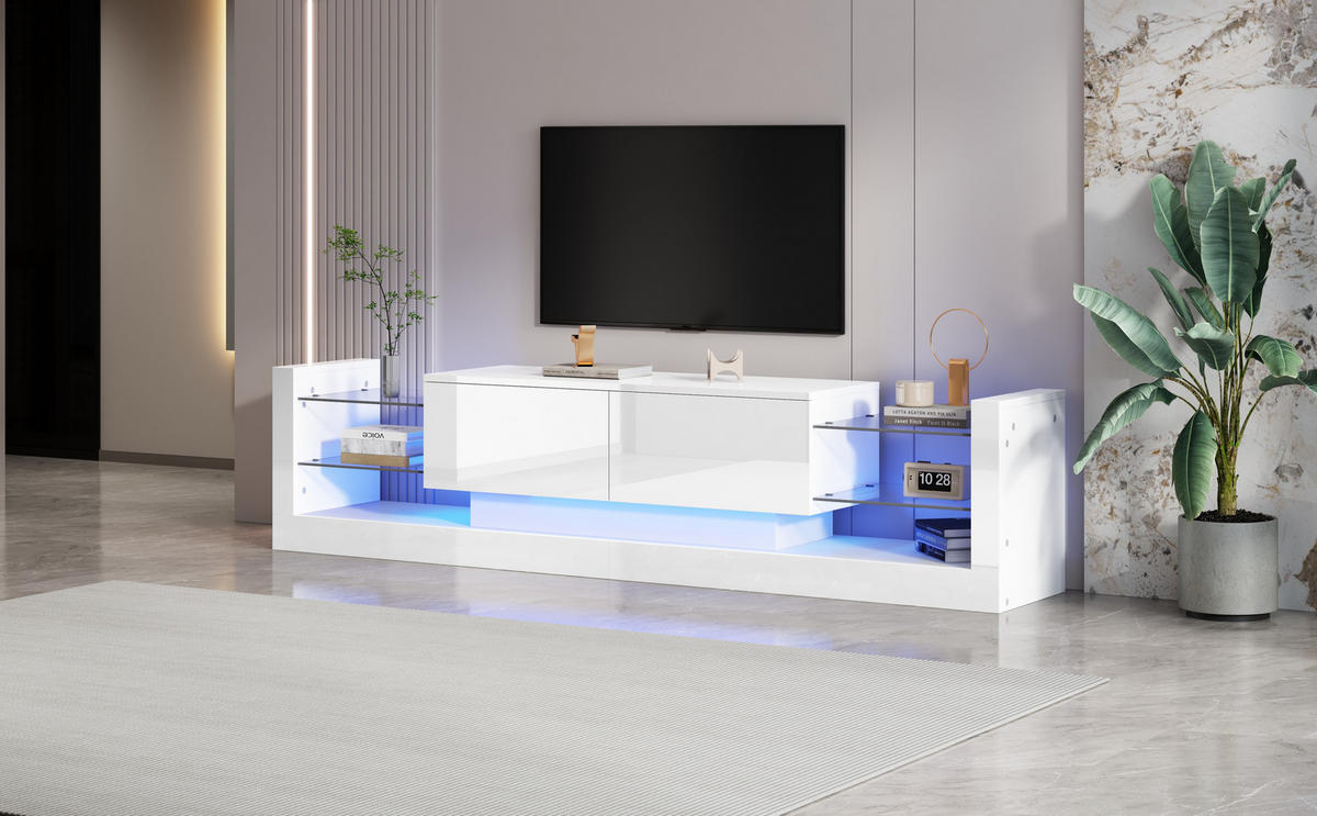 TV-SCHRANK Hochglanz Weiß mit LED und Glasfront, 2 Klappschubladen 181/38/38 cm - Weiß, Holzwerkstoff (181/38/38cm) - Redom