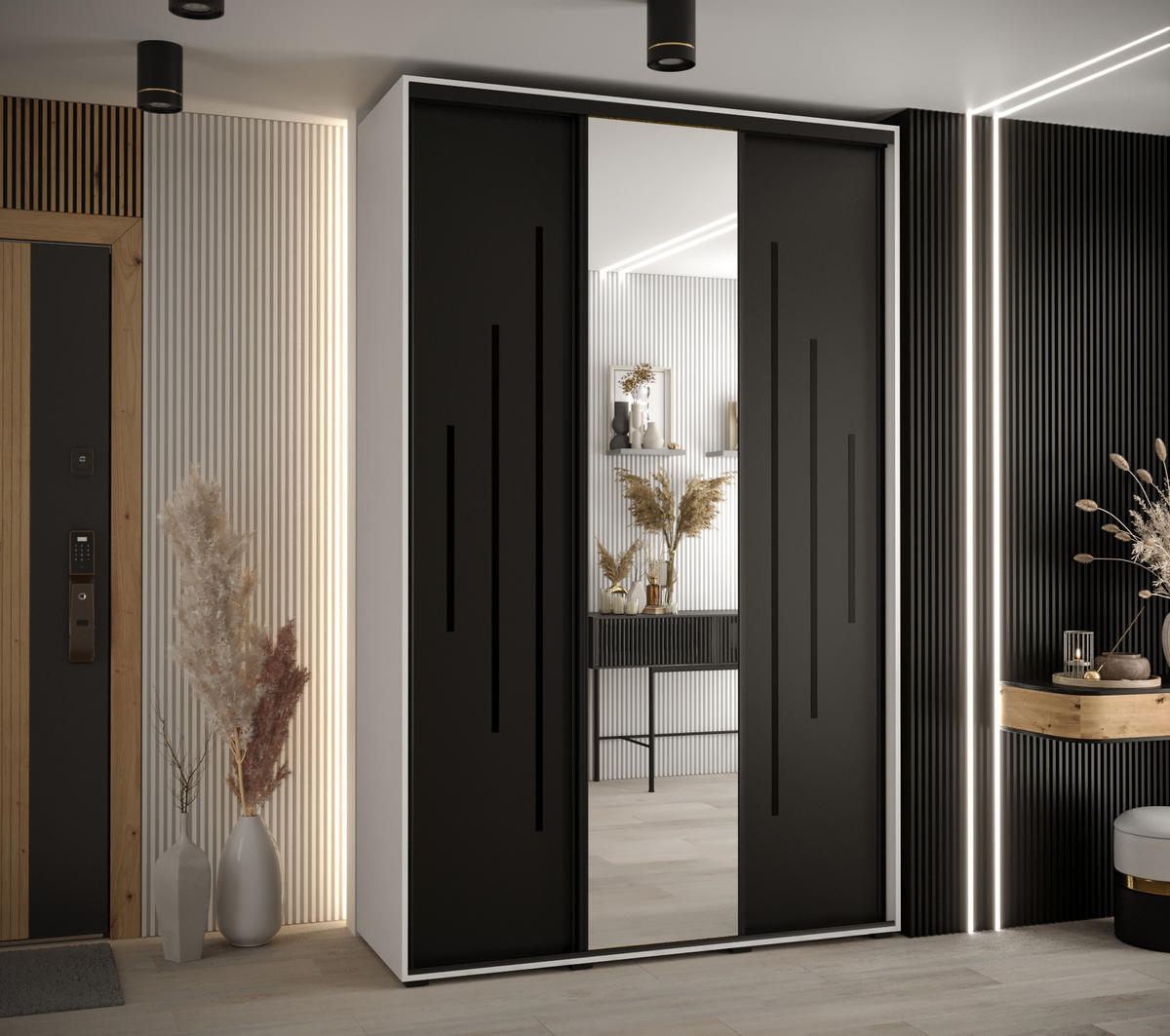 SCHWEBETÜRENSCHRANK 235,2/150/60 3-türig - Schwarz/Weiß, Holz/Metall (150/235/60cm) - Abiks Möbel