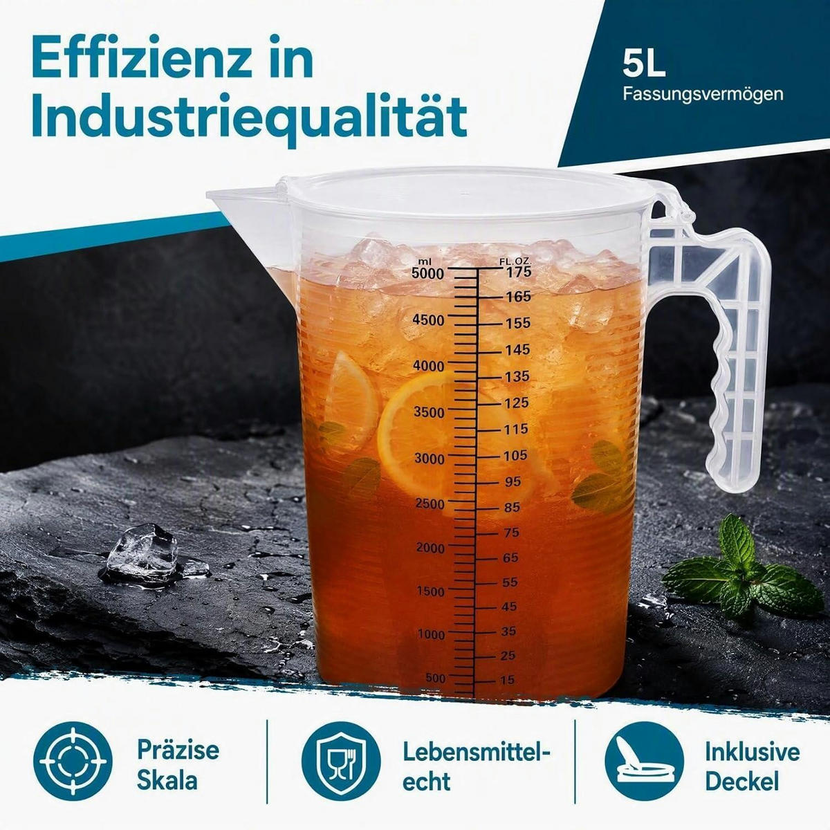 MESSBECHER 5 Liter mit Deckel und Skala - Transparent, Kunststoff (5L)