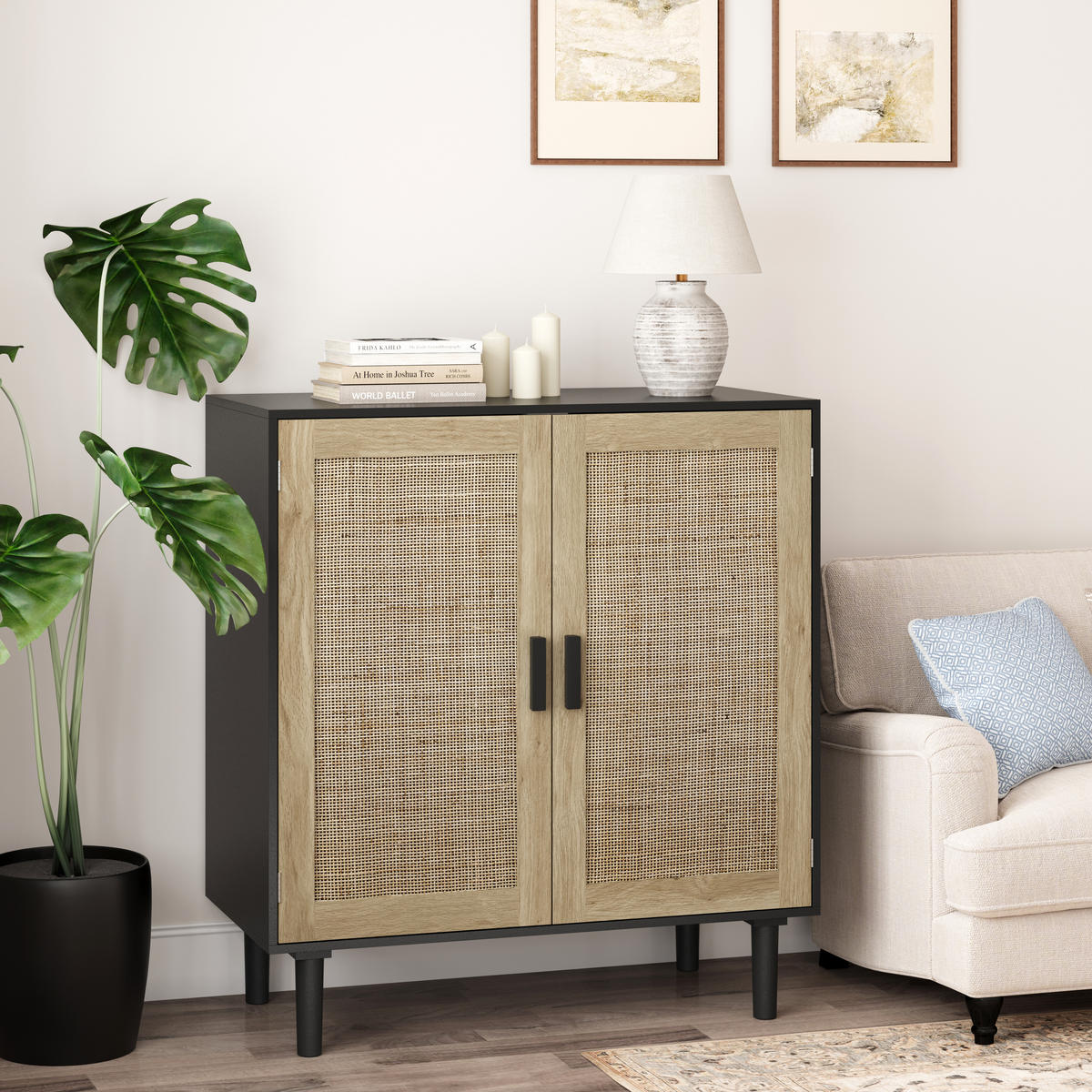 SIDEBOARD DE-38128 80/40/88 cm mit 2 Türen und Rattan-Optik Schwarz - Schwarz, Holzwerkstoff (80/88/40cm) - ComfortXL