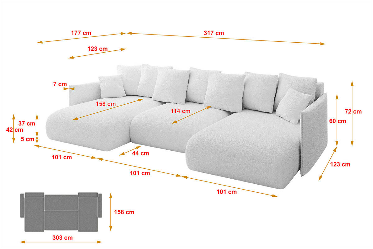 WOHNLANDSCHAFT mit Schlaffunktion und Bettkasten ONESK-U 317x177x72 Weiß Bouclé - Weiß, Holzwerkstoff/Kunststoff (317/72/177cm) - ALTDECOR