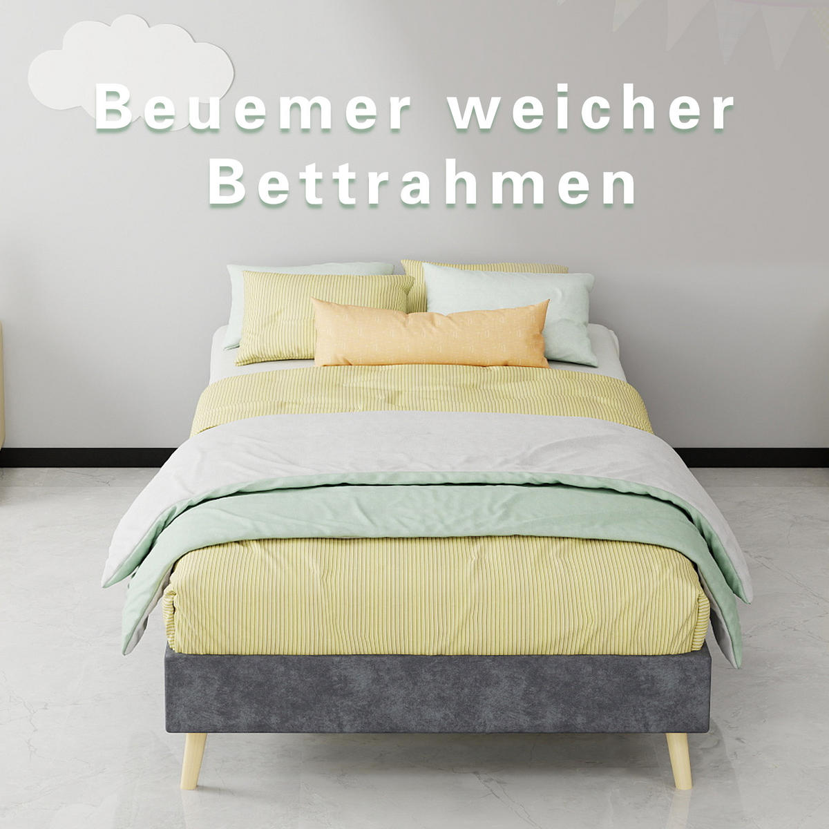 BETT 90/200 cm in Grau Stoff Metallgestell Kopfteilloses Design - Naturfarben/Grau, Holzwerkstoff/Textil (90/200cm) - STILVORA