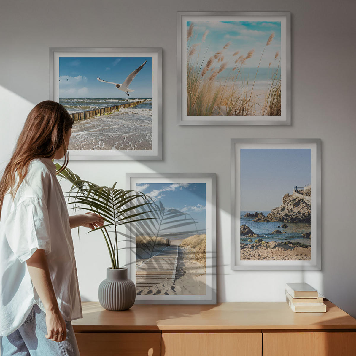 BILDER SET 4er Set - 50x50 cm & 40x60 cm Silberner Rahmen - Strand Holzsteg Klippen - Silberfarben, Kunststoff (50/50cm) - TULUP