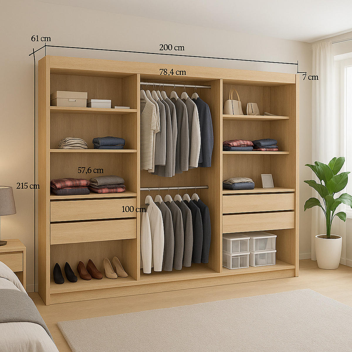 SCHWEBETÜRENSCHRANK Moni mit Spiegel und Zierleisten, 215x200x61cm, eiche Sonoma+Schwarz - Schwarz/Sonoma Eiche, Holzwerkstoff (200/215/61cm) - AN-Moebel 4u