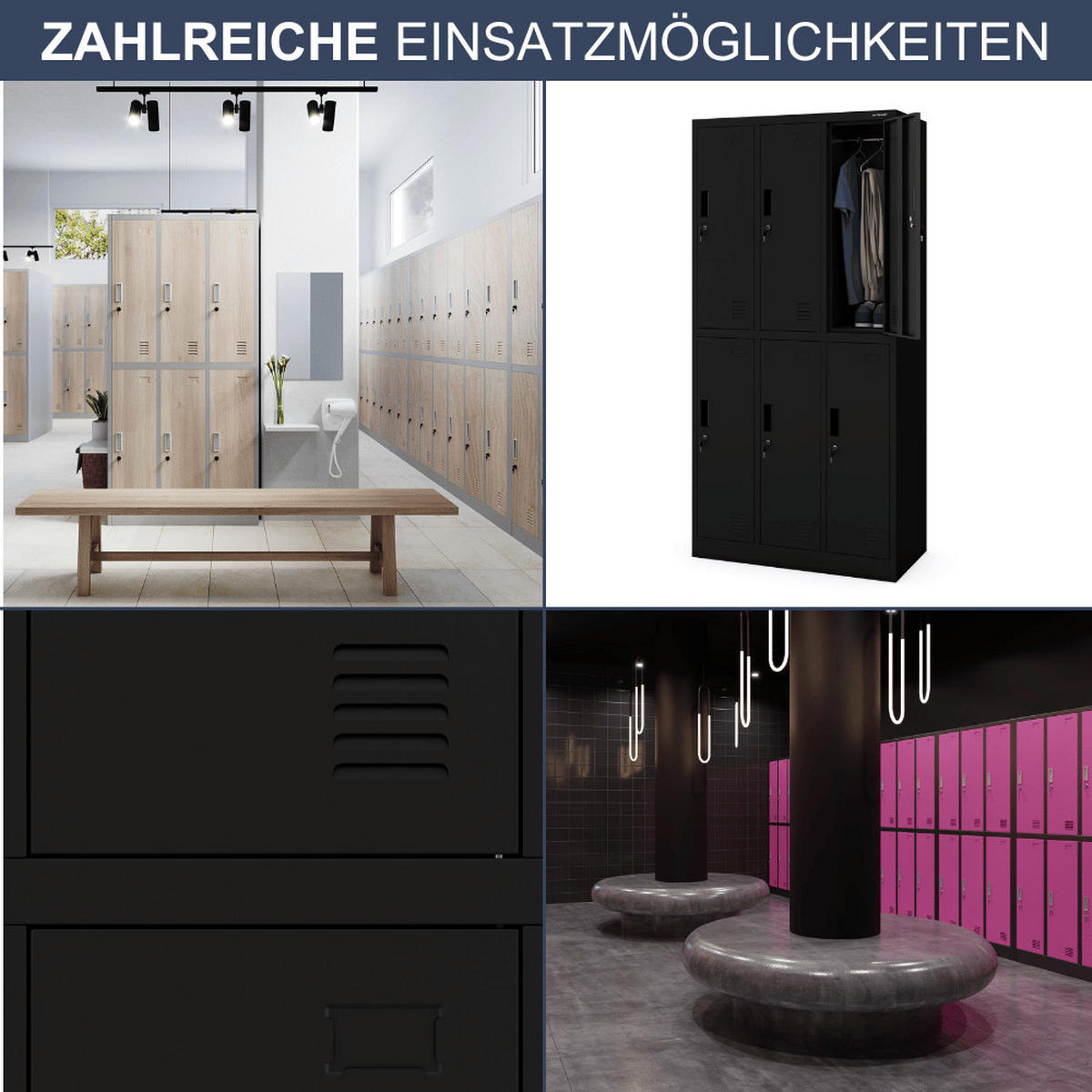 UMKLEIDESCHRANK Spind TOKIO 6 Abteile 185x90x45cm Schwarz - Schwarz, Metall (90/185/45cm) - DELUKE