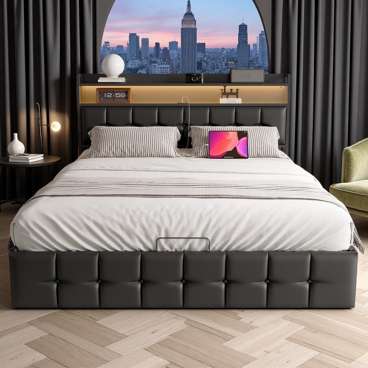 POLSTERBETT 140x190 SCHWARZ LED - Schwarz, Holzwerkstoff (140/200cm) - SHOPENTRA