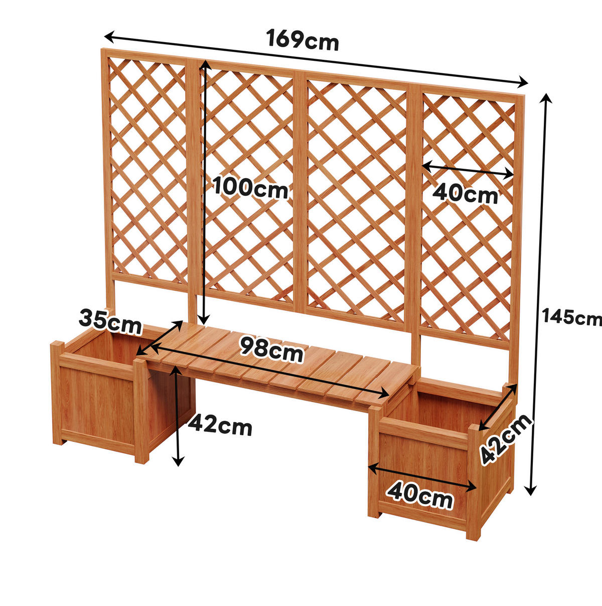 BLUMENKASTENHALTER aus Massivholz 169x145x42 cm in Natur mit Spalier & Sitzfläche - Naturfarben, Holz (42/145/169cm) - Modfu