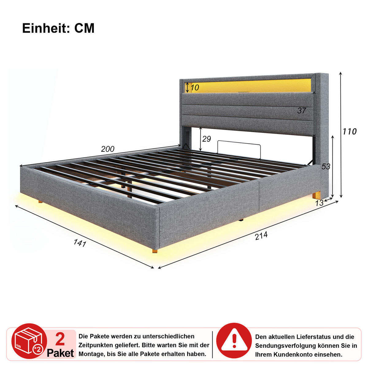 ČALOUNĚNÁ POSTEL 140x200 cm šedá s lněným vzhledem, úložným prostorem, LED osvětlením a USB portem - šedá, kov/kompozitní dřevo (140/200cm) - WISHDOR