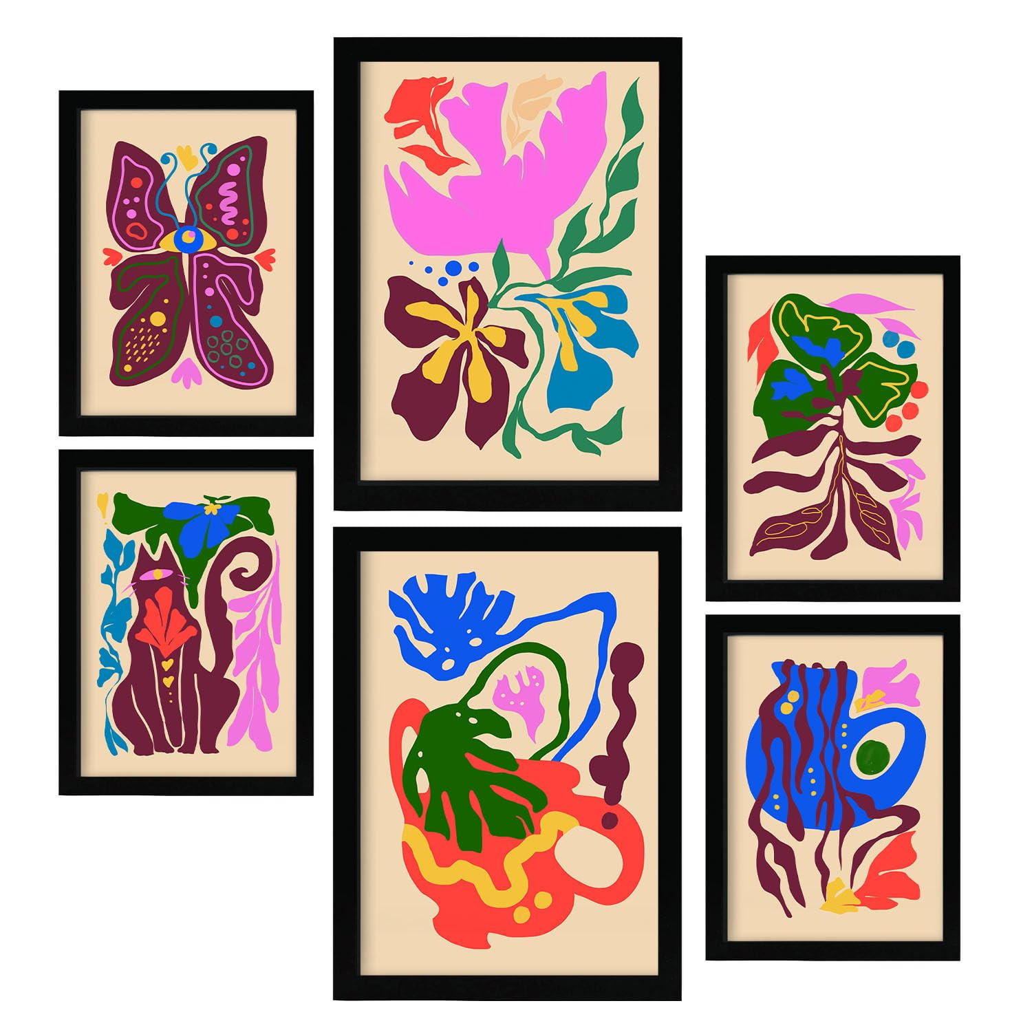 POSTER Set Mit 6 Malerisch 4 In Blume Zusammenfassung Ästhetische Dekorative Gemälde Für Ihr Wohnzimmer Schlafzimmer Zuhause A3 & A4 Schwarzer Rahmen - Schwarz, Papier (29/3cm) - Nacnic