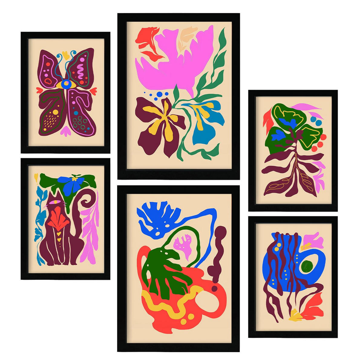 POSTER Set Mit 6 Malerisch 4 In Blume Zusammenfassung Ästhetische Dekorative Gemälde Für Ihr Wohnzimmer Schlafzimmer Zuhause A3 & A4 Schwarzer Rahmen - Schwarz, Papier (29/3cm) - Nacnic