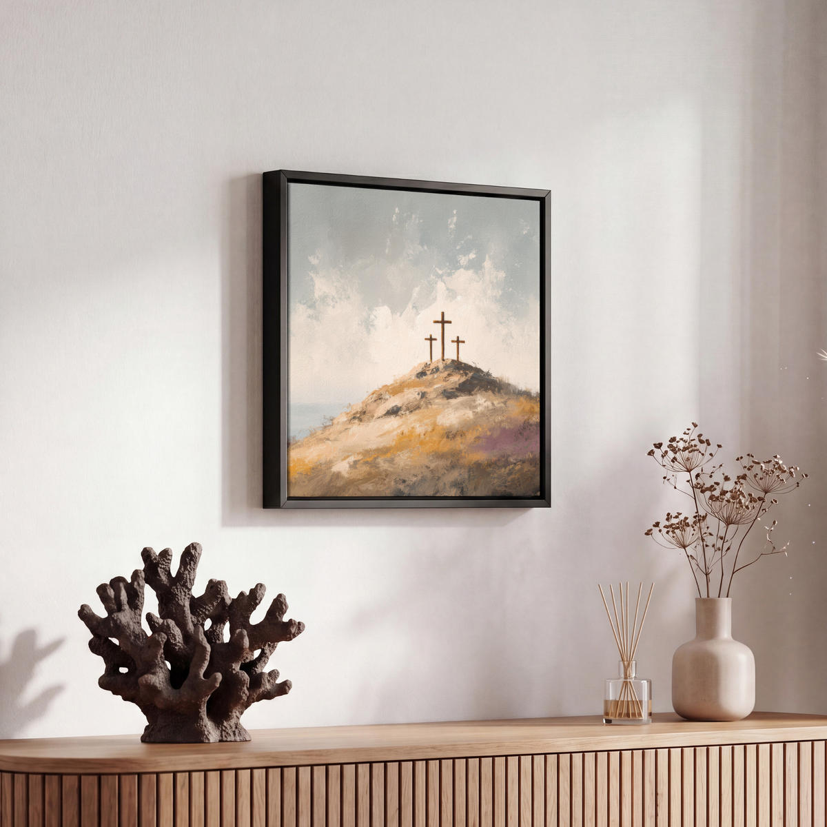 LEINWAND Bilder mit Rahmen - Hügel - Abstrakt - Christentum - Kreuz - 20x20 - Hellgrau, Textil (20/20cm) - MuchoWow