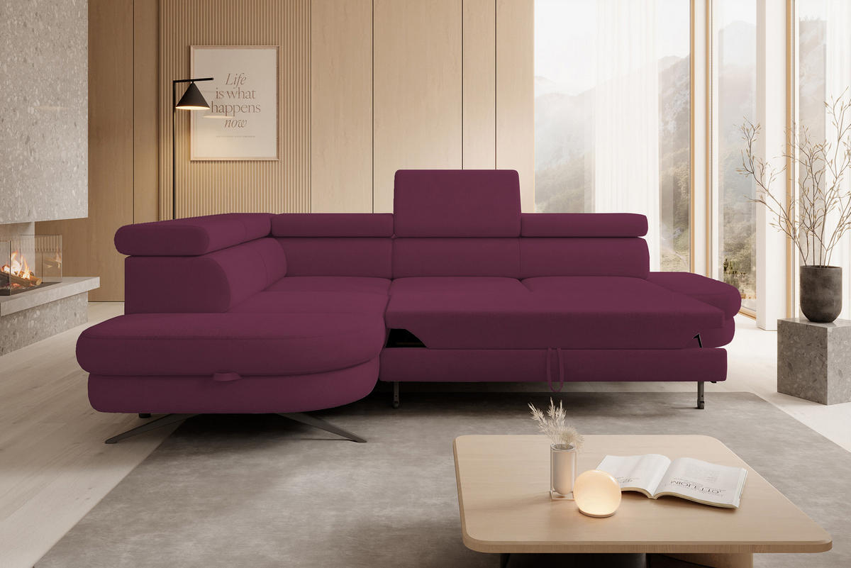 ECKSOFA OTIS L-förm, Schlaffunktion, verstellbare Kopfstützen, in AURORA-Stoff, lose Rückenkissen, freistehend, LINKS 218x276x97 cm Purple - Lila, Holz/Textil (218/276cm) - DomoHome