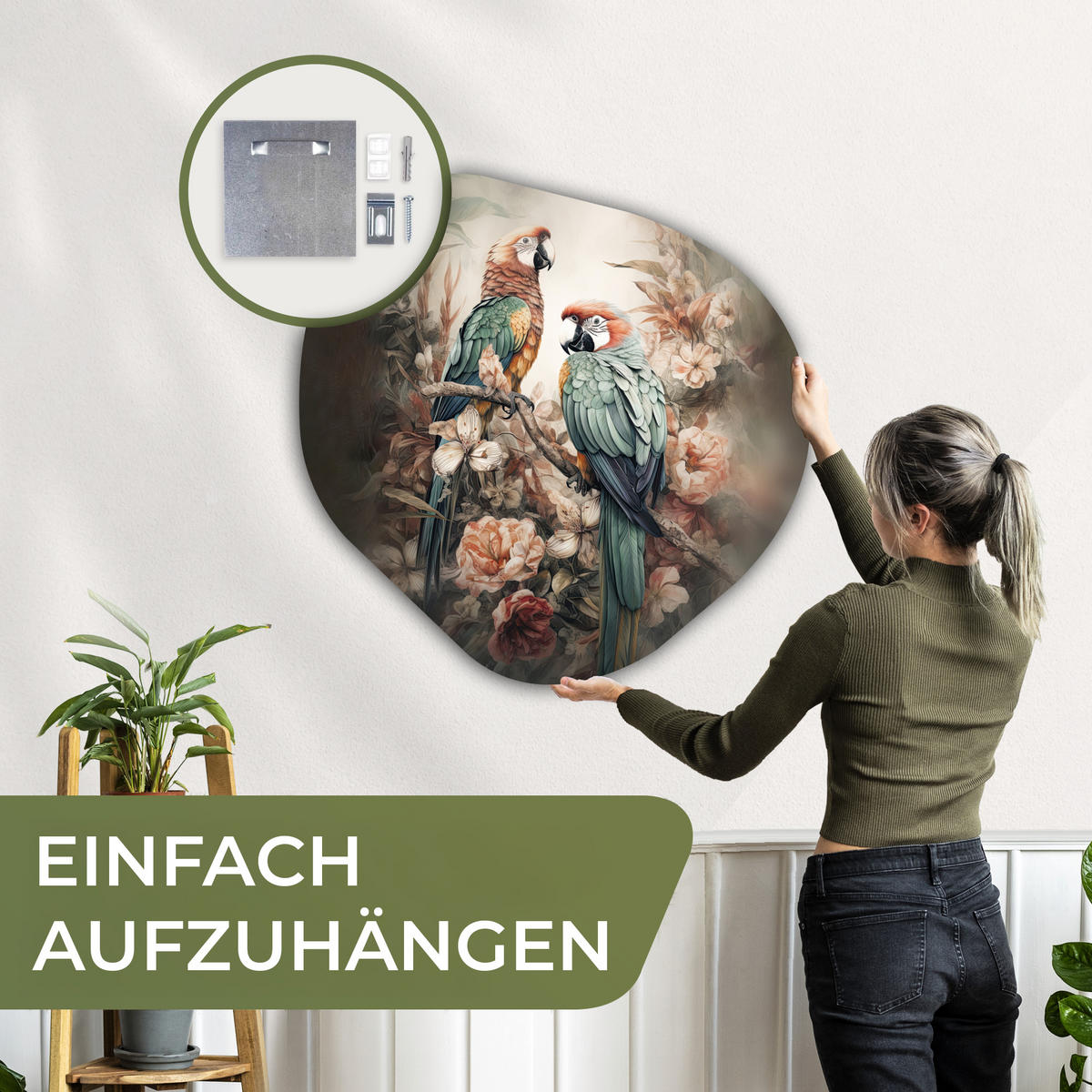 WANDBILD Papageien - Vögel - Natur - Blumen 90x90 cm - Baltimorefarben, Kunststoff (90/90cm) - MuchoWow