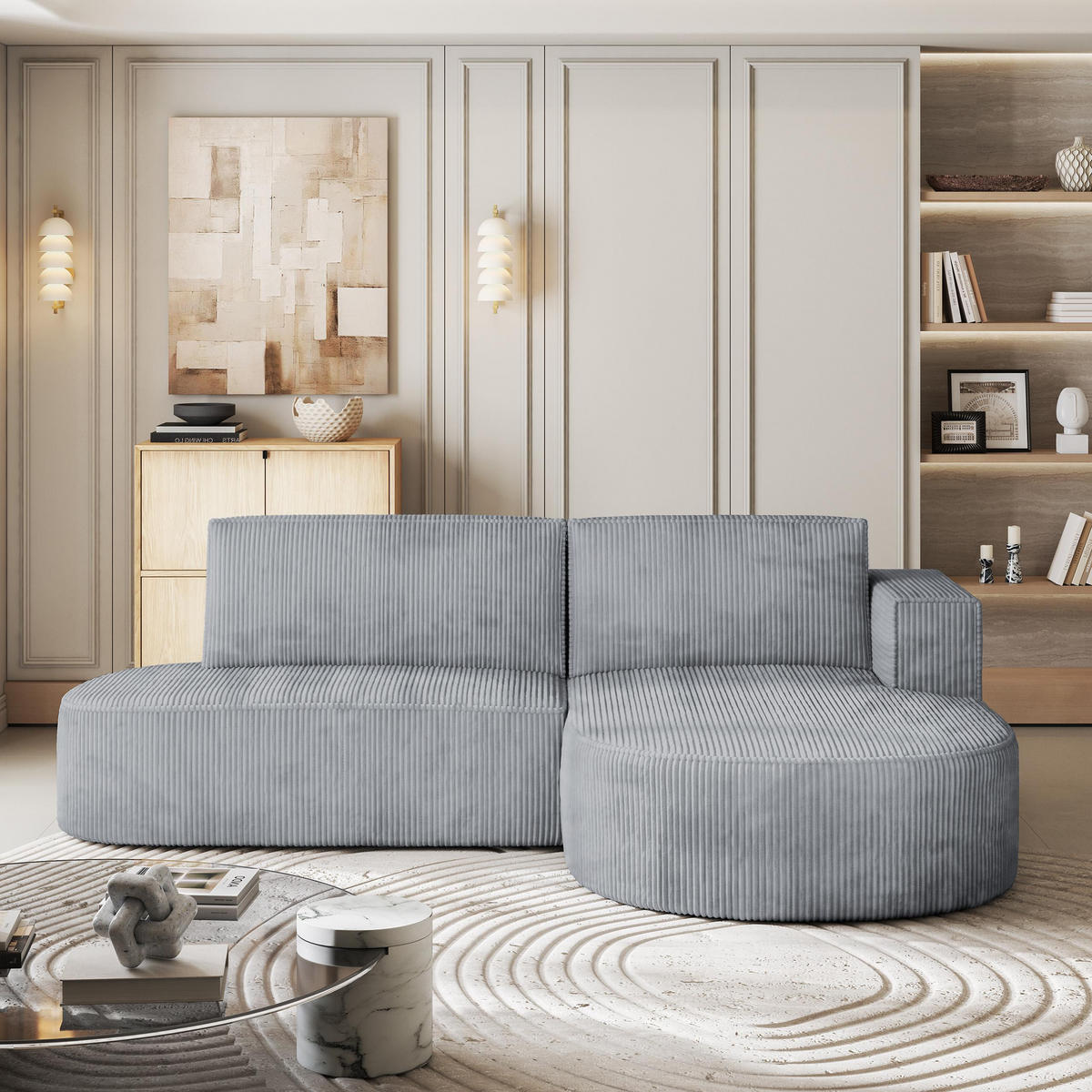 ECKSOFA CORTIO P R-S Hellgrau Kordstoff mit Schlaffunktion - Hellgrau, Holz (265/174cm) - MASSENO