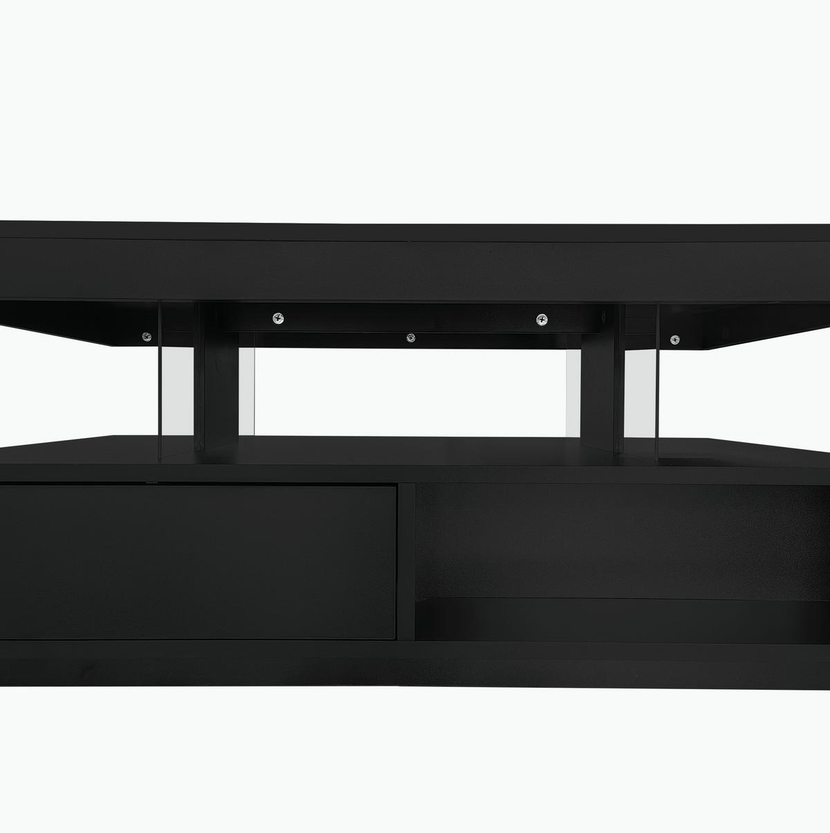 COUCHTISCH aus Spanplatte 95x50x42,5 cm Schwarz mit LED-Beleuchtung, 2 Schubladen, 2 offenen Fächern und Glaseinsätzen - Schwarz, Holzwerkstoff (95/50/42.5cm) - Modfu