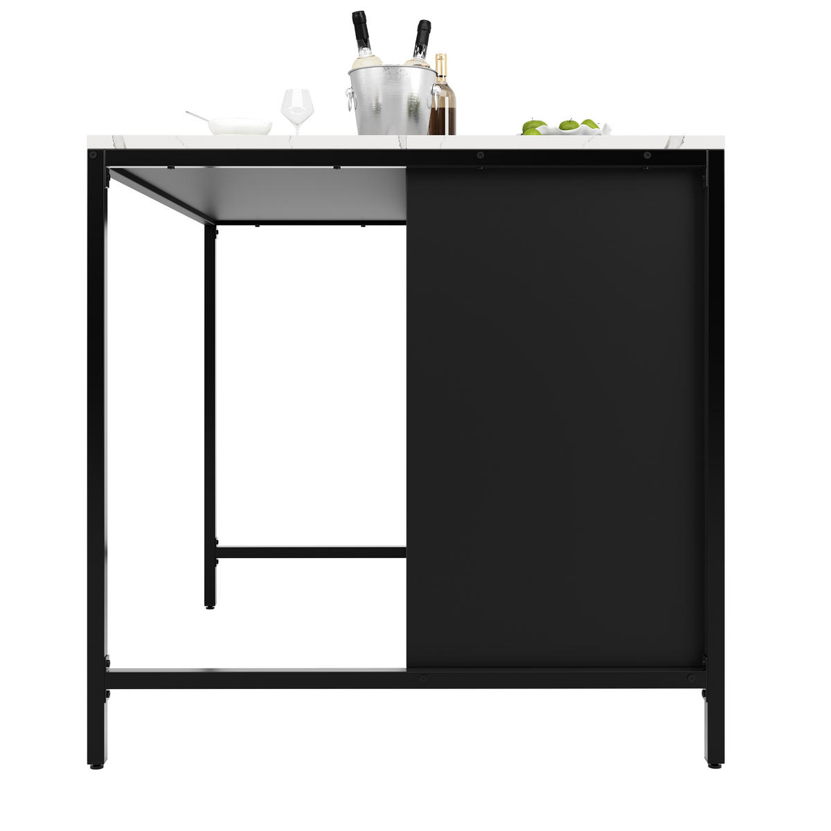 STEHTISCH 100x90x90cm Schwarz Marmoroptik mit 2 Schubladen & Eisenbeinen - Schwarz, Holzwerkstoff (100/90/90cm) - Modfu