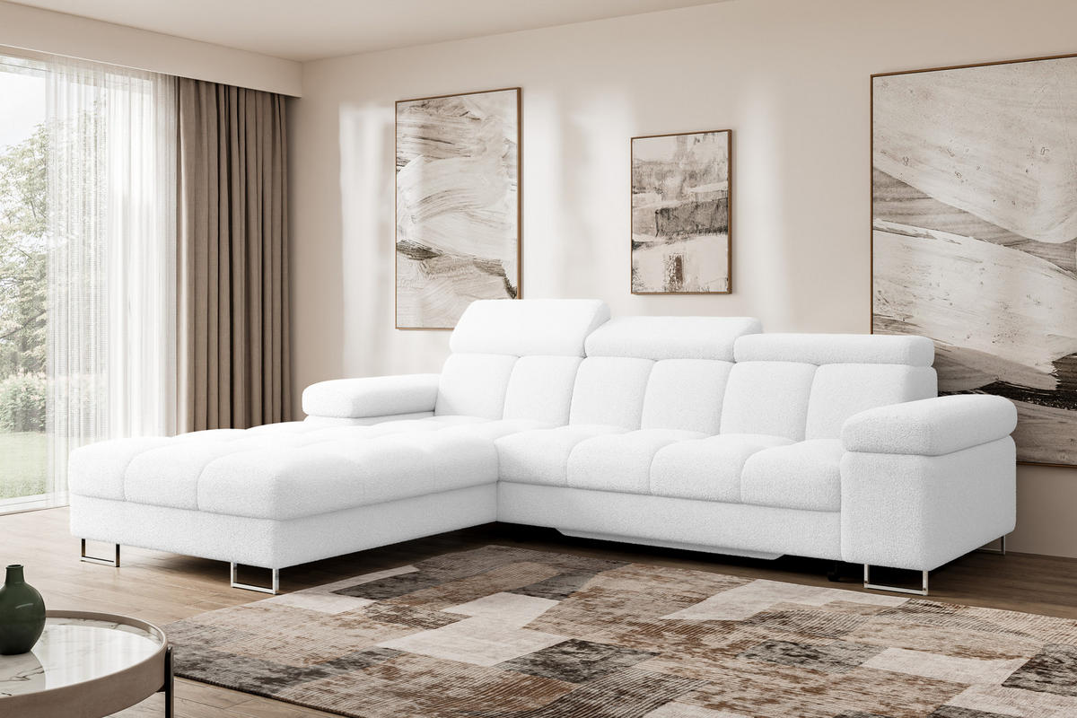 ECKSOFA mit Schlaffunktion Ottomane Links COMA L 271x203x79 Weiß Bouclé - Weiß, Holzwerkstoff/Textil (271/203cm) - ALTDECOR