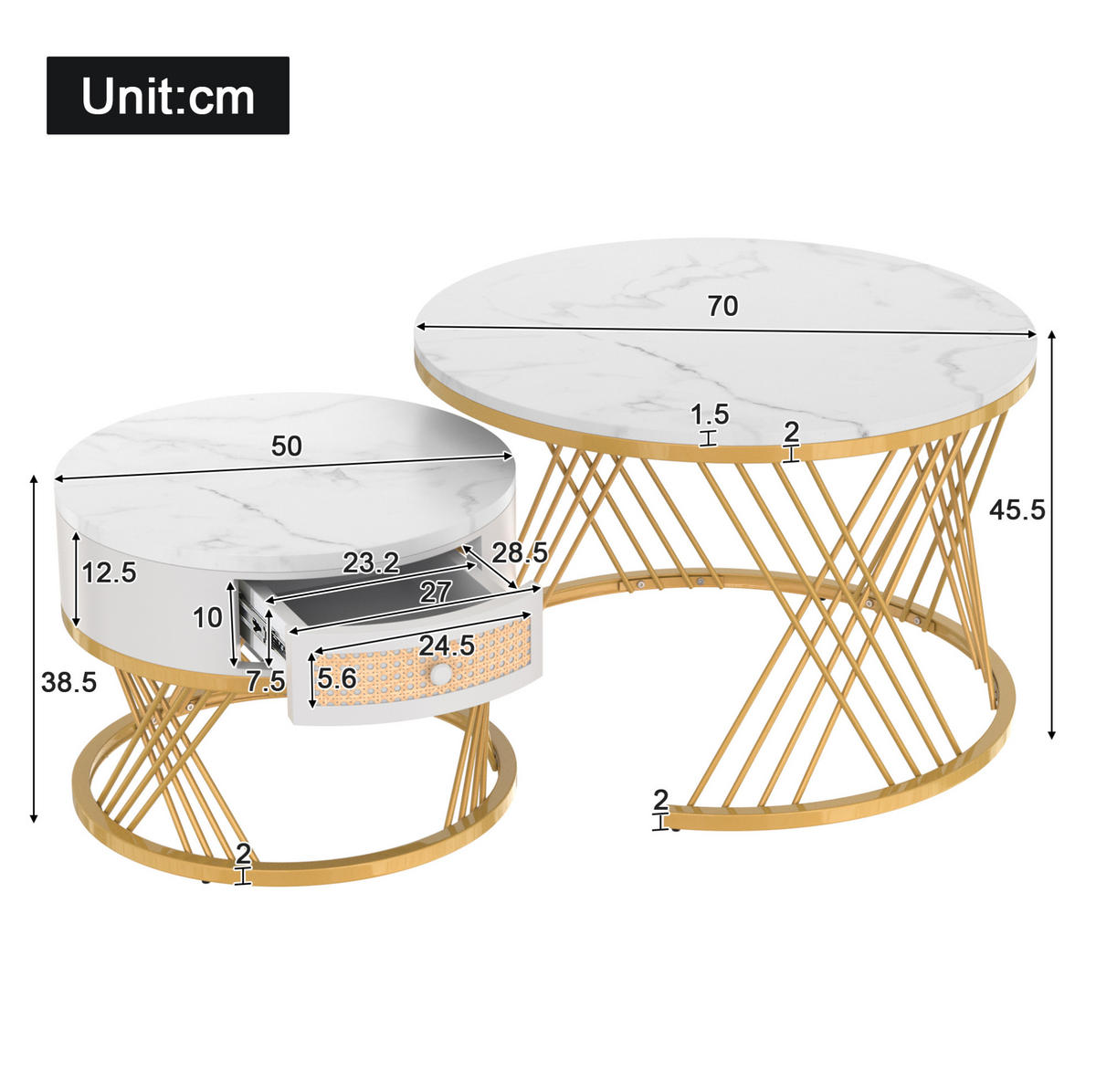 COUCHTISCH-SET 70/70/45,5 + 50/50/38,5 cm in Weiß mit Schublade und Marmormuster - Weiß, Holzwerkstoff (70/70/48cm) - Flora Grace