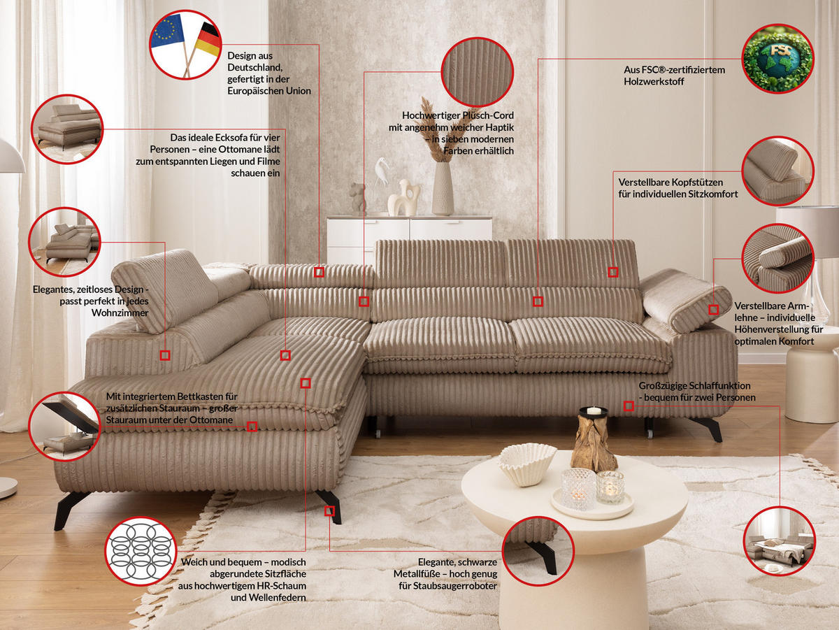 ECKSOFA mit Schlaffunktion und Bettkasten Bonnie aus Beige Cord-Stoff mit verstellbaren Kopfstützen und Armlehne - Ottomane links - Ecru/Beige, Holz/Textil (275/210cm) - S-Style Möbel