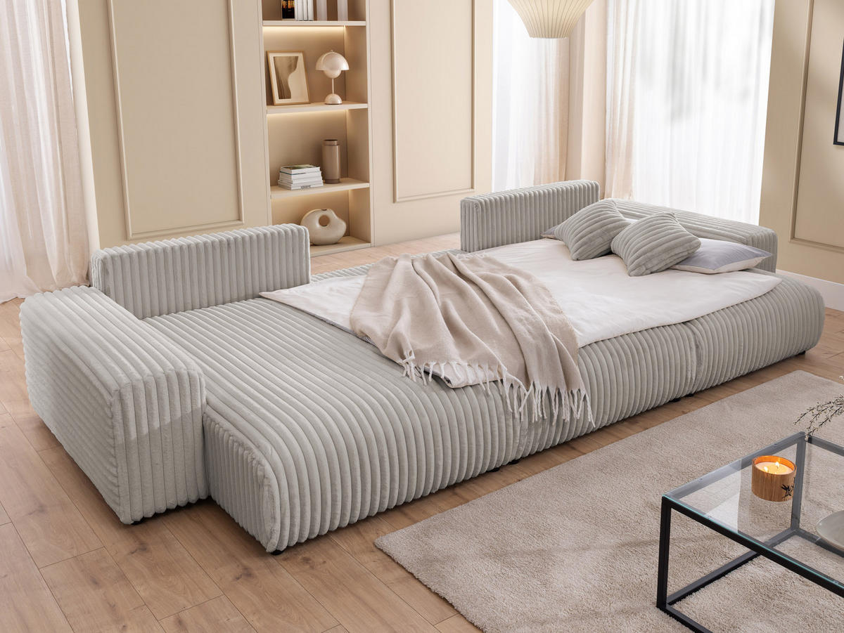 WOHNLANDSCHAFT Mollis Hellgrau Plüschcord mit Schlaffunktion - Hellgrau/Schwarz, Holz/Kunststoff (350/77/168cm) - S-Style Möbel