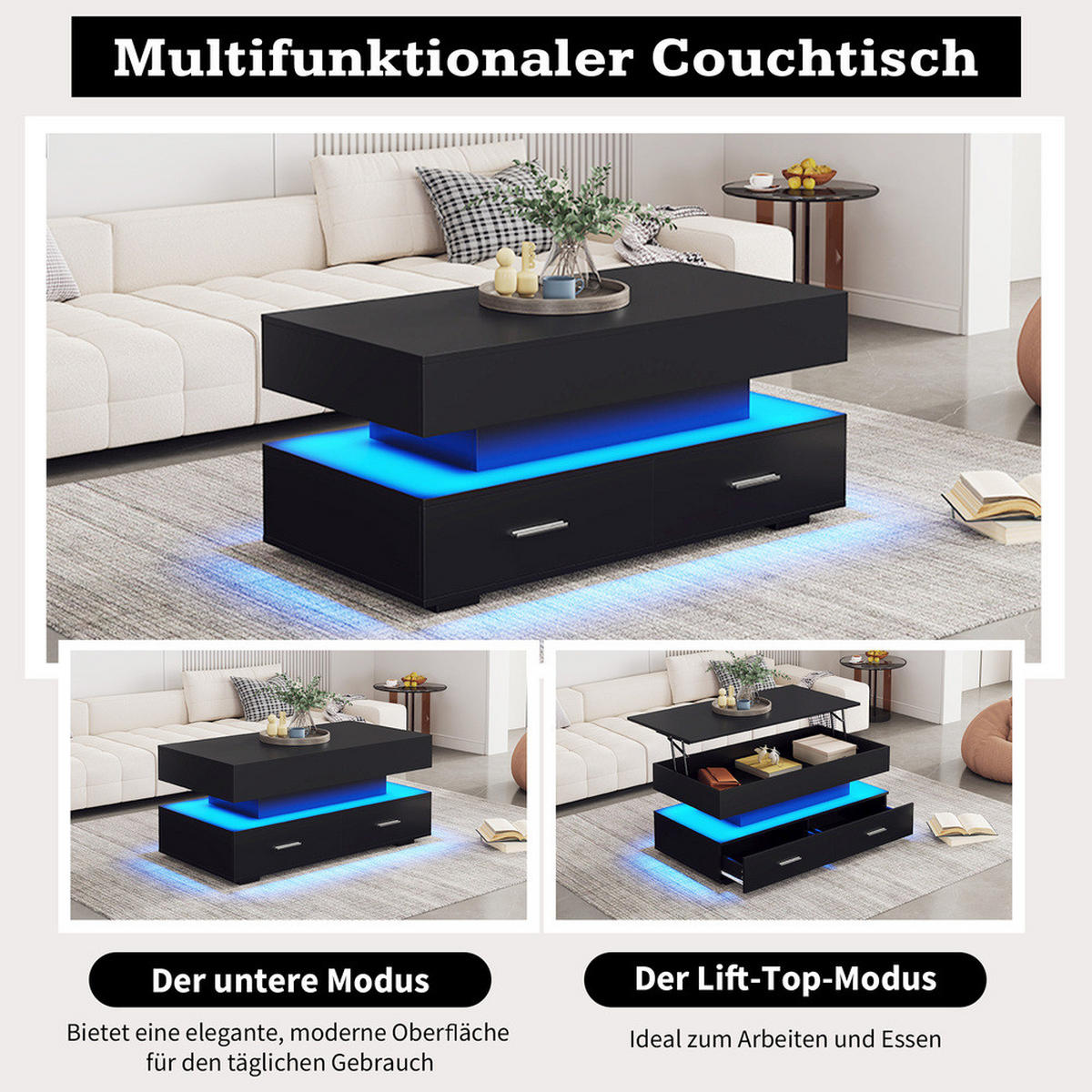 COUCHTISCH 100x50cm Hydraulisch Höhenverstellbar Schwarz LED Bluetooth - Schwarz, Holz (110/60.5/11.5cm) - FLIEKS