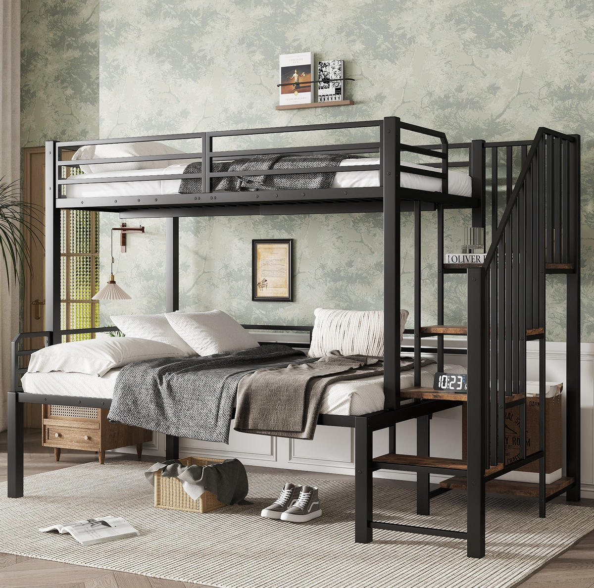ETAGENBETT aus Metall und MDF 90/120x200 cm Schwarz/Vintage-Holzfarbe mit Eckleiter, Stauraum und Sicherheitsgittern - Schwarz, Holzwerkstoff (90/200cm) - Modfu
