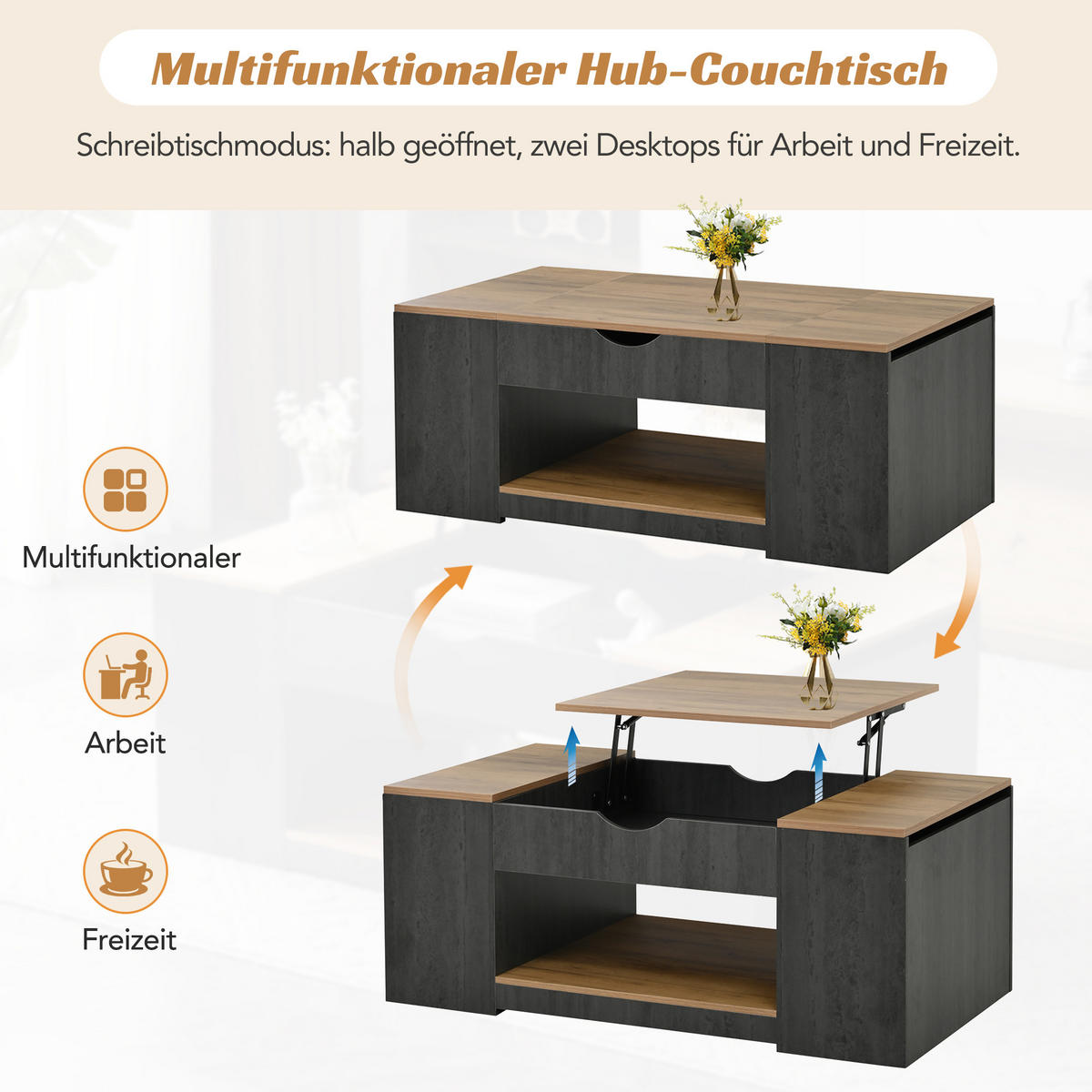 COUCHTISCH DE-088 Liftfunktion Grau/Holzoptik - Grau, Holzwerkstoff (60/110/57cm) - ComfortXL