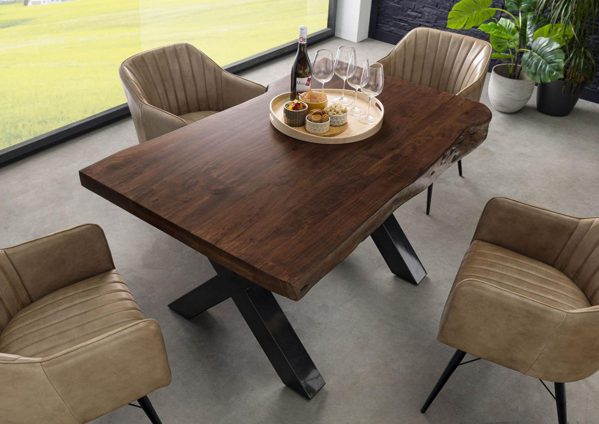 BAUMTISCH Akazie 140x90x77 braun lackiert / X-Beine anthrazit glänzend FREEFORM 5 - Braun, Holz (90/140/77cm) - Massivmoebel24