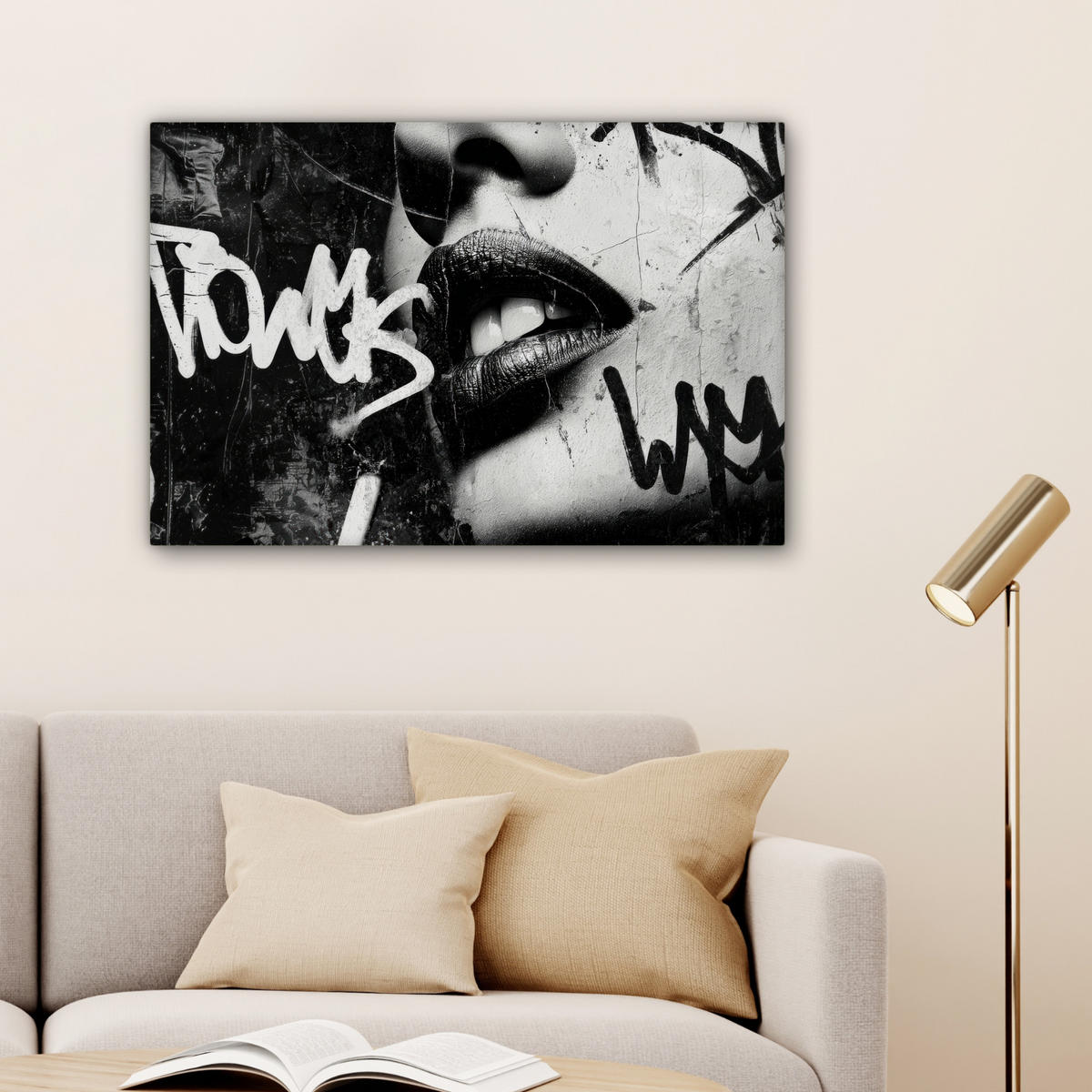 LEINWANDBILD Gesicht - Mund - Graffiti - Schwarz Wanddeko 90x60 cm - Schwarz, Textil (90/60cm) - MuchoWow