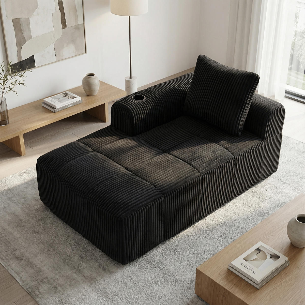 CHAISELONGUE in Cord (158 cm) mit Getränkehalter & Seitentaschen - Schwarz, Textil (158/61/93cm) - Urban Meuble
