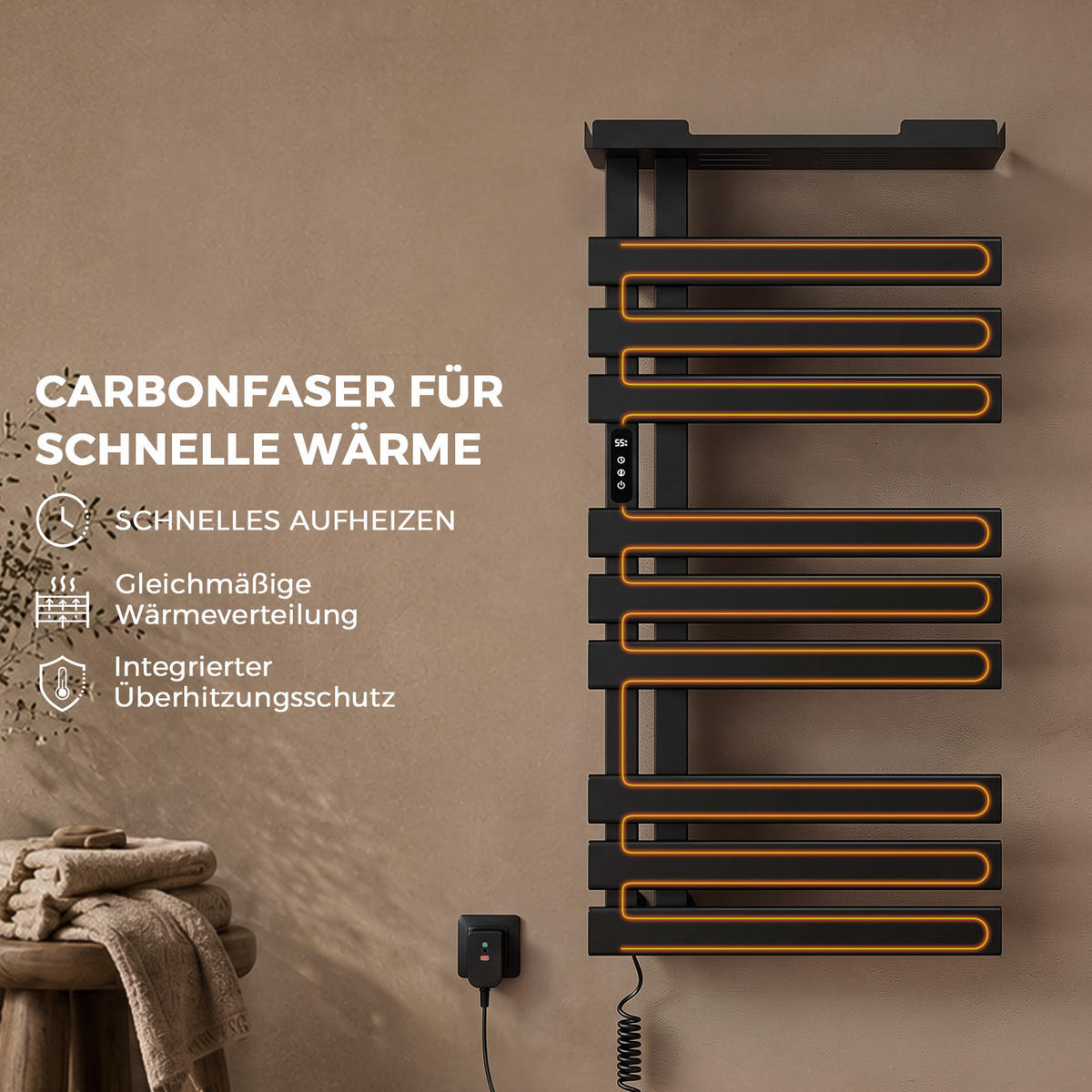 HEIZKÖRPER Elektrisch 100/50 cm Schwarz 335 W mit WLAN, Ablage und Carbon-Heizung - Schwarz, Metall (50/100/18.5cm) - S'AFIELINA