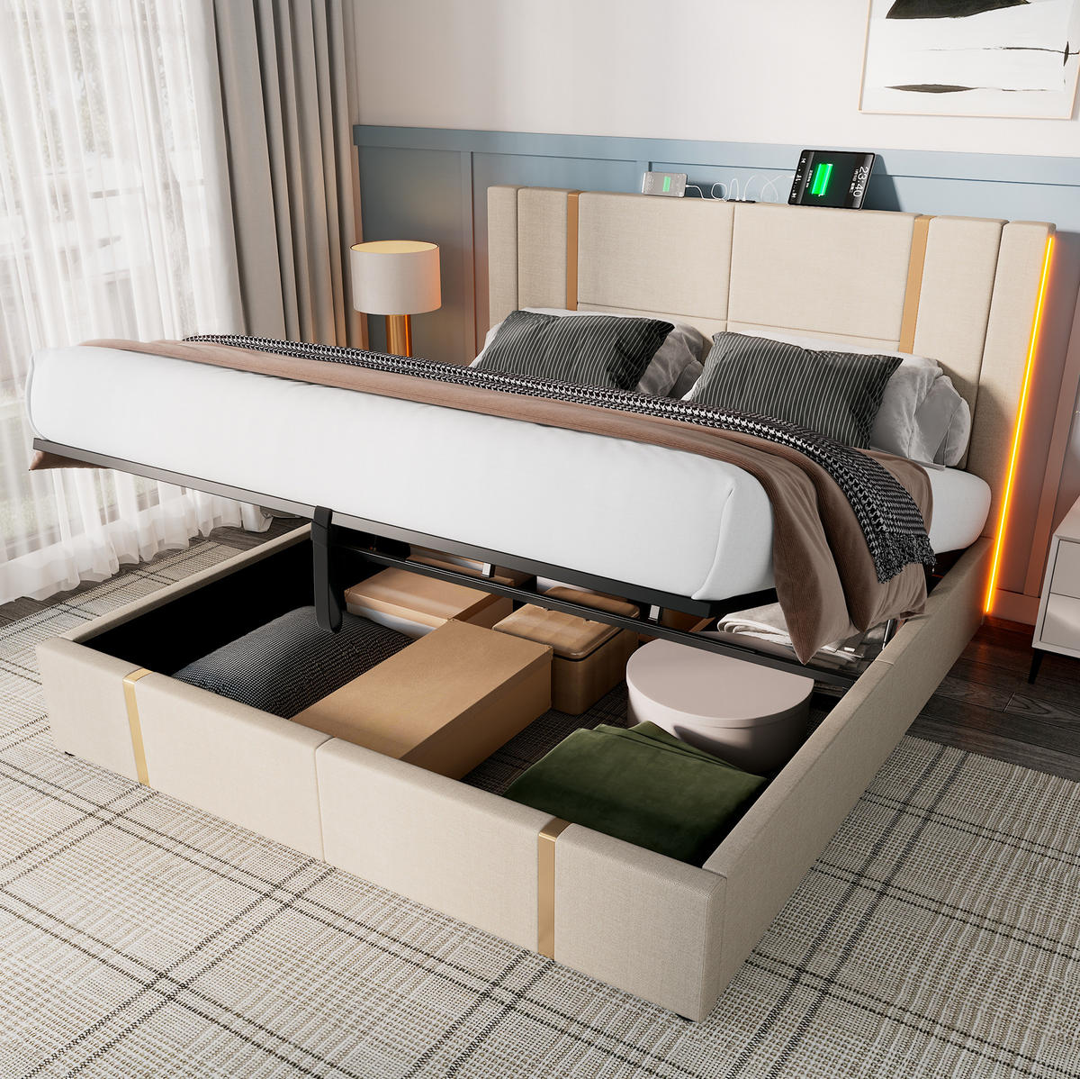 POLSTERBETT 140/200 cm mit Bettkasten, LED & USB/Typ-C, Leinen in Beige - Beige, Textil (140/200cm) - Redom