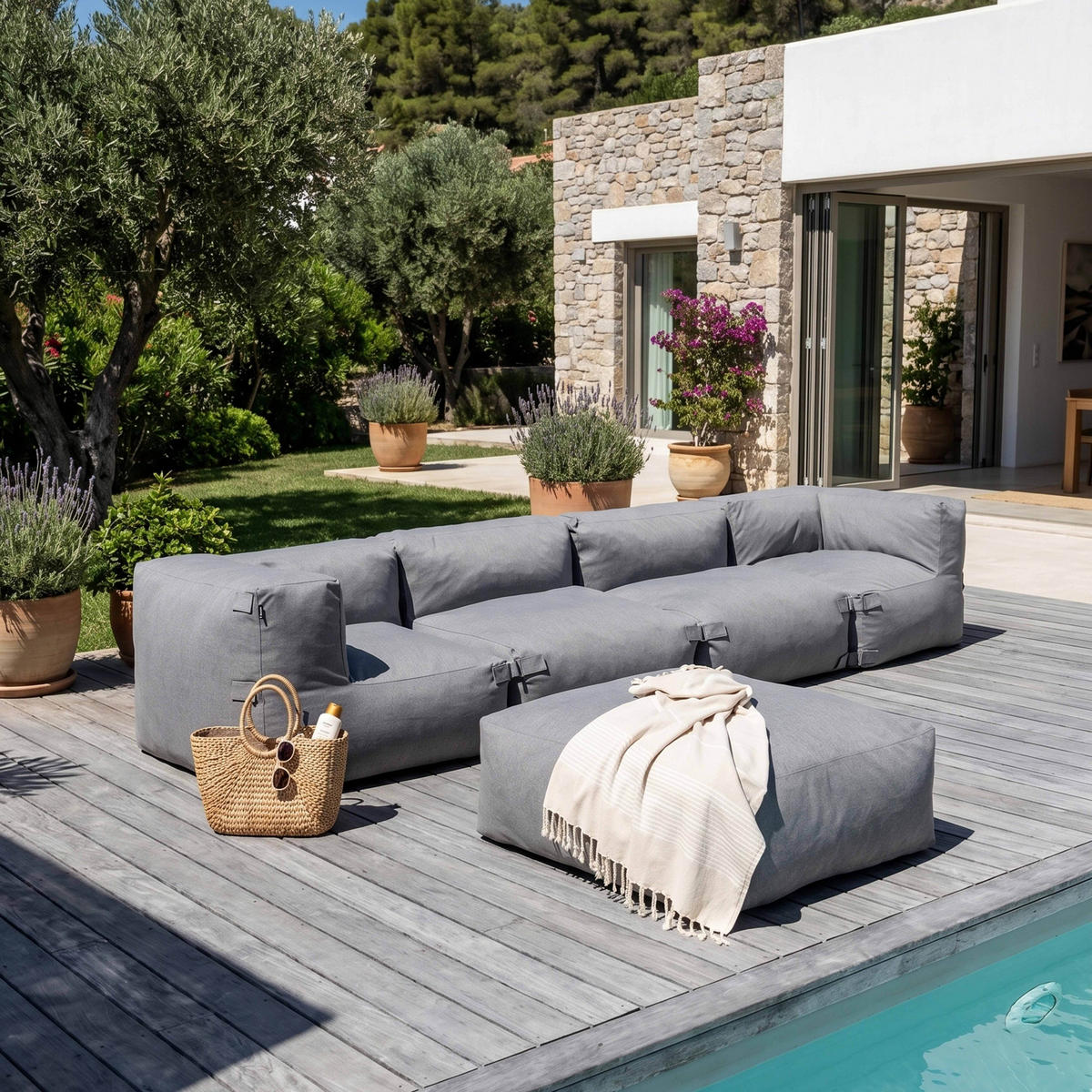 GARTENSOFA mit 5 Sitzplätzen, Grau - Grau, Textil - Oviala