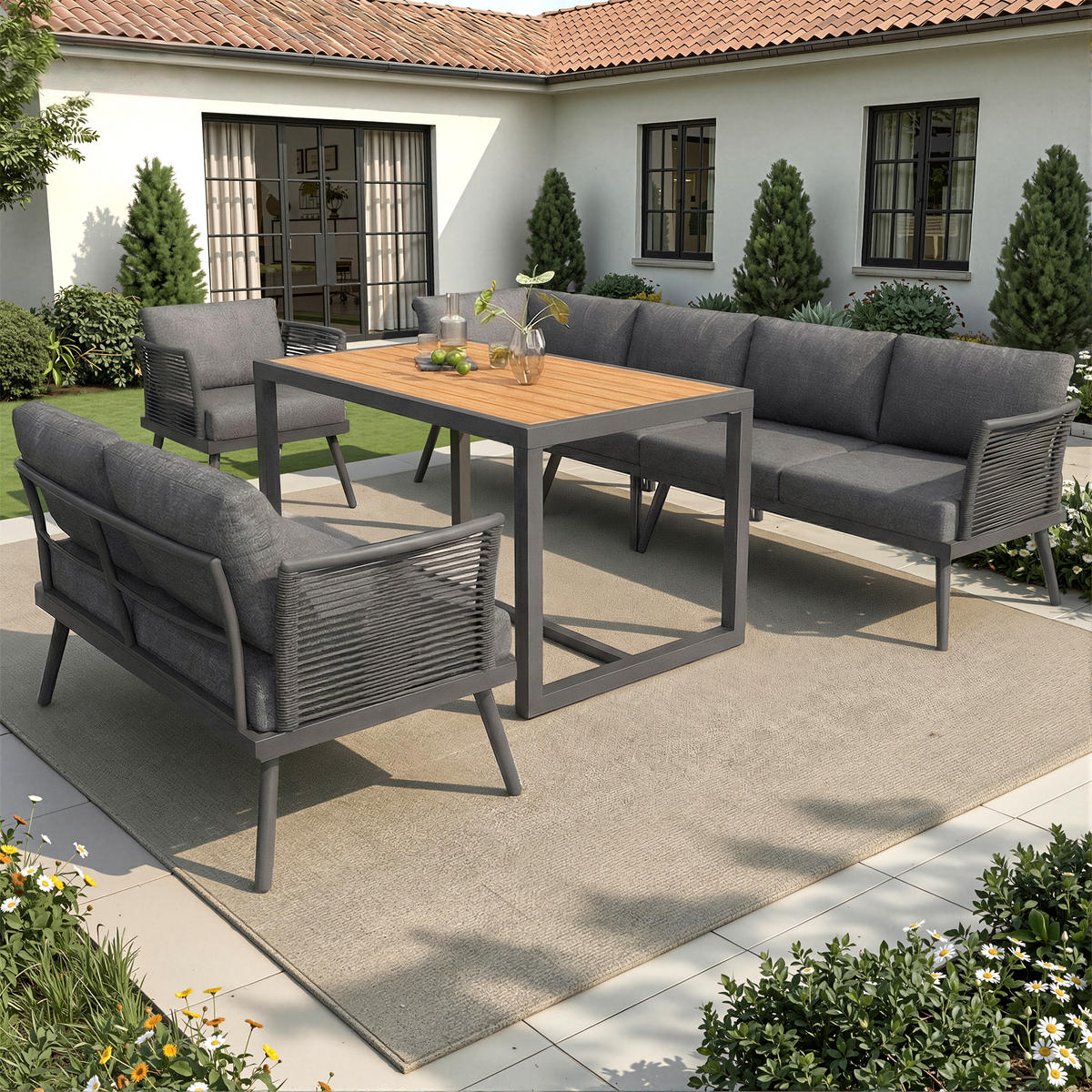 GARTENSET L-Form 7 Personen Grau Inkl. Tisch & Sessel Mit Polstern - Grau, Metall - FLIEKS