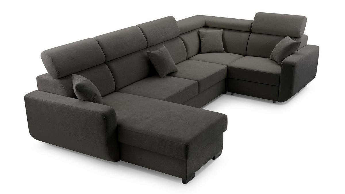 WOHNLANDSCHAFT CASTELLO Grau Plüsch-Stoff mit Schlaffunktion - Grau, Holz (337/97/184cm) - MASSENO