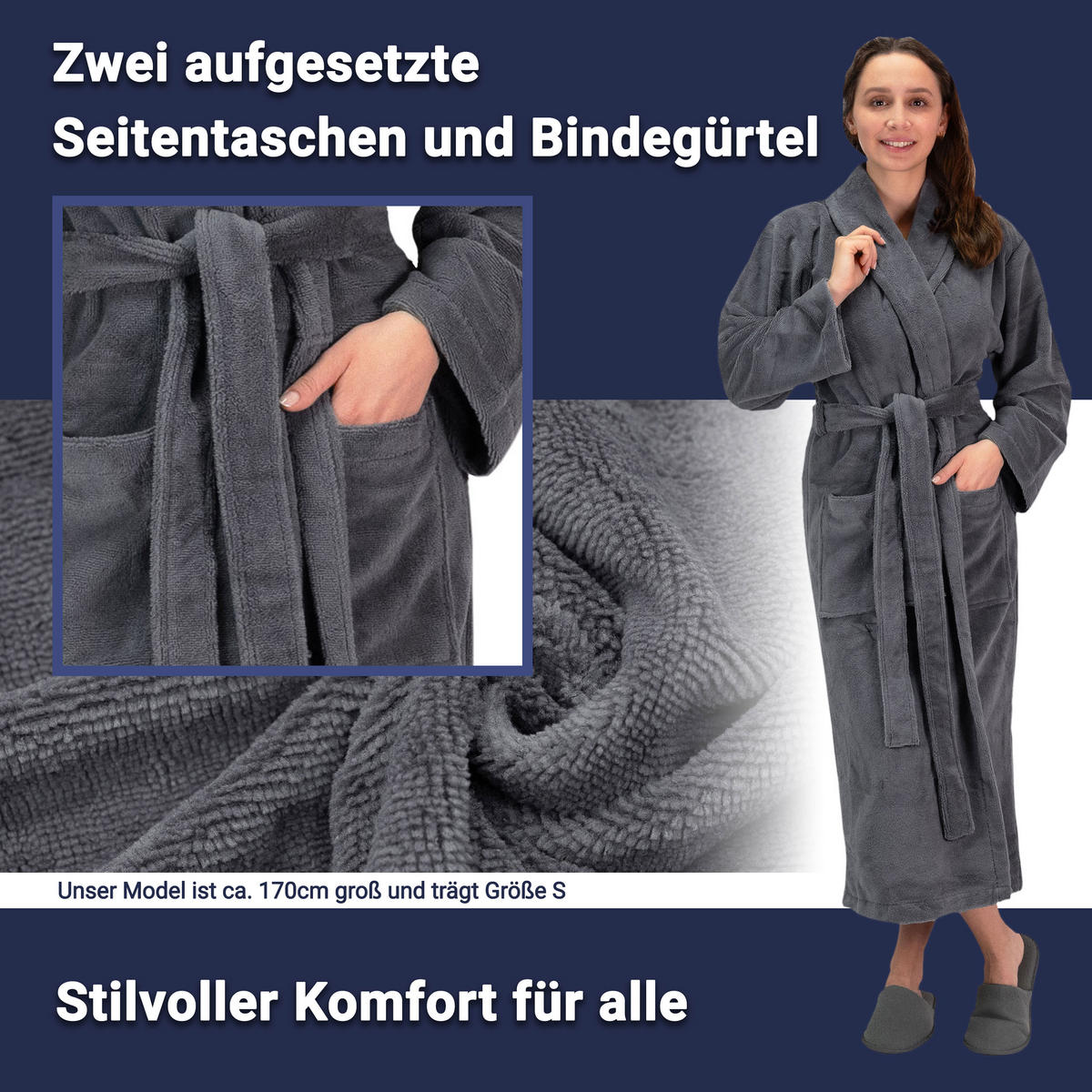 BADEMANTEL, XXL, 100% Polyester-Velours / 100% Baumwolle, Grau - Graphitfarben, Textil (XXLnull) - Zollner