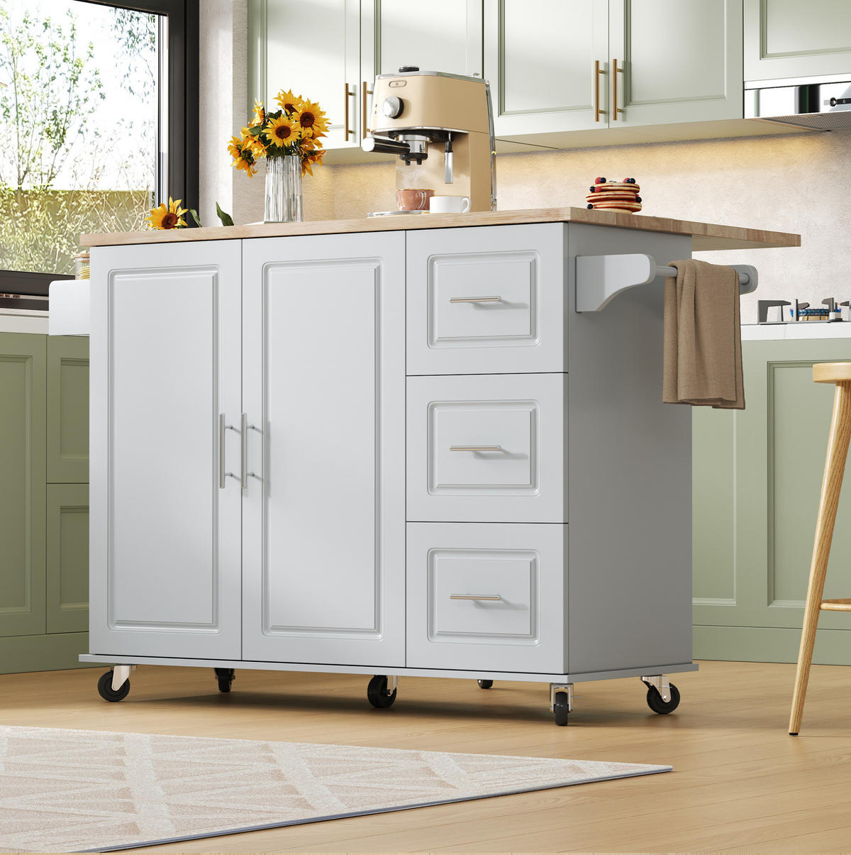 KÜCHENINSEL 137x76x92cm Grau mit Klappplatte, Schrank, 3 Schubladen & Rollen - Grau, Holzwerkstoff (137/92/76cm) - Modfu