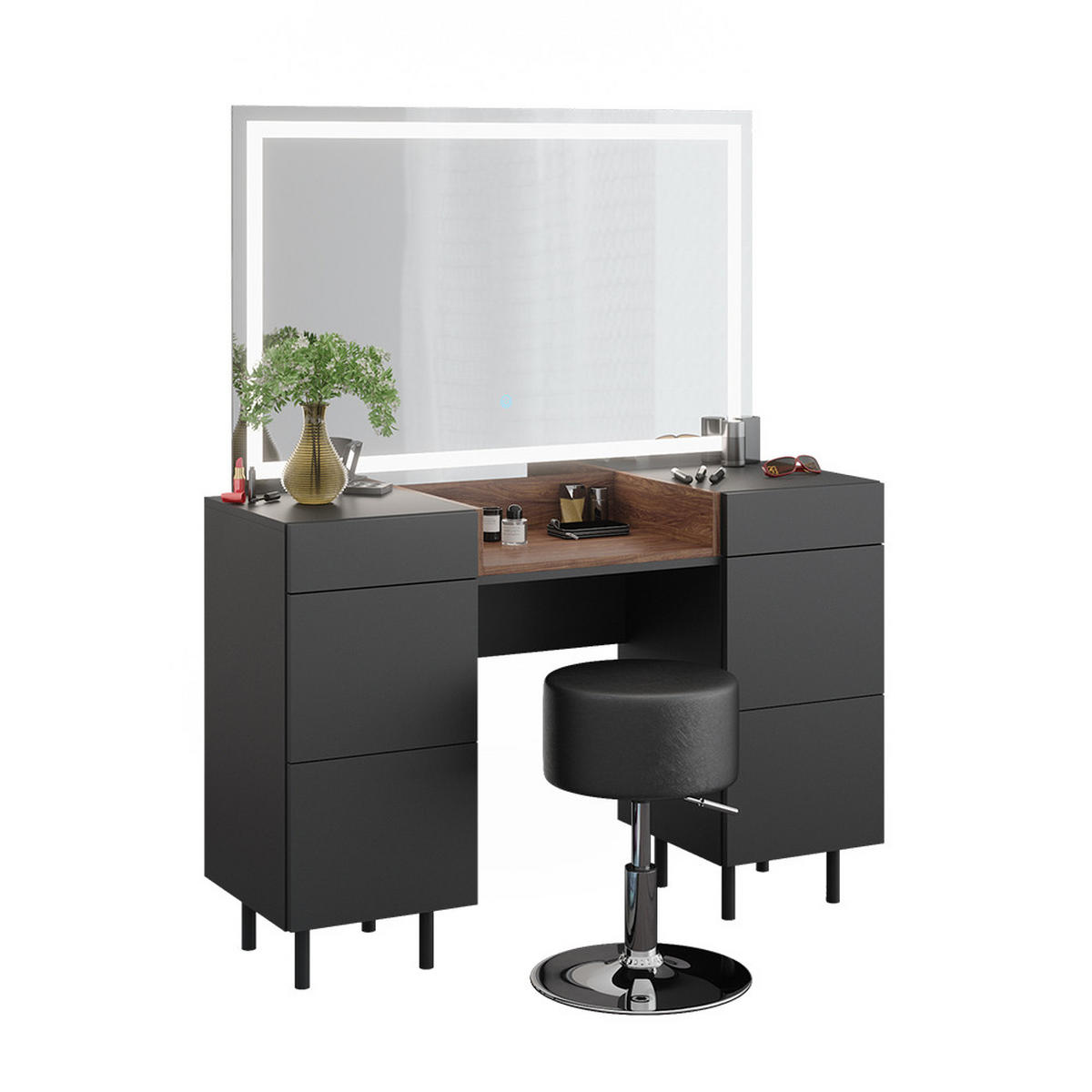 SCHMINKTISCH Anika Anthrazit 120 cm mit LED Spiegel und Hocker - Anthrazit/Walnussfarben, Holzwerkstoff (120/80/40cm) - Vicco