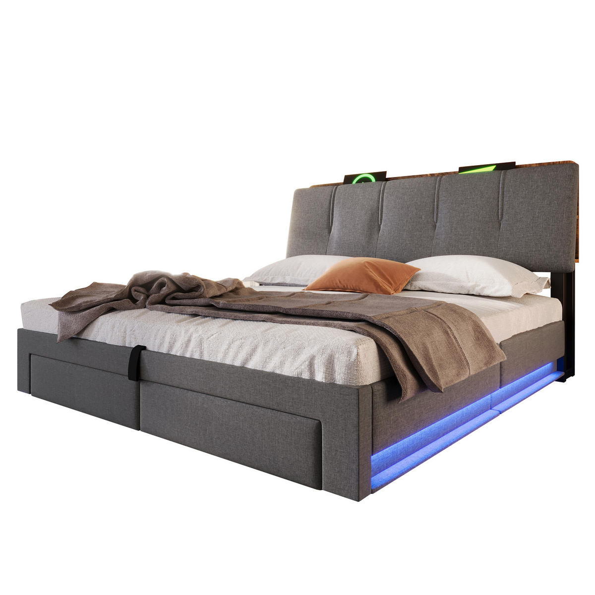 POLSTERBETT 140/200 cm Grau mit USB-Typ-C-Ladeanschluss, LED-Beleuchtung und 2 Schubladen - Grau, Textil (140/200cm) - Oxeza